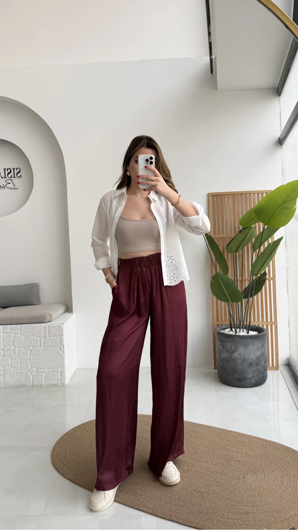 Bel Ortası Lastikli Saten Pantolon - Bordo - Kod: 51297