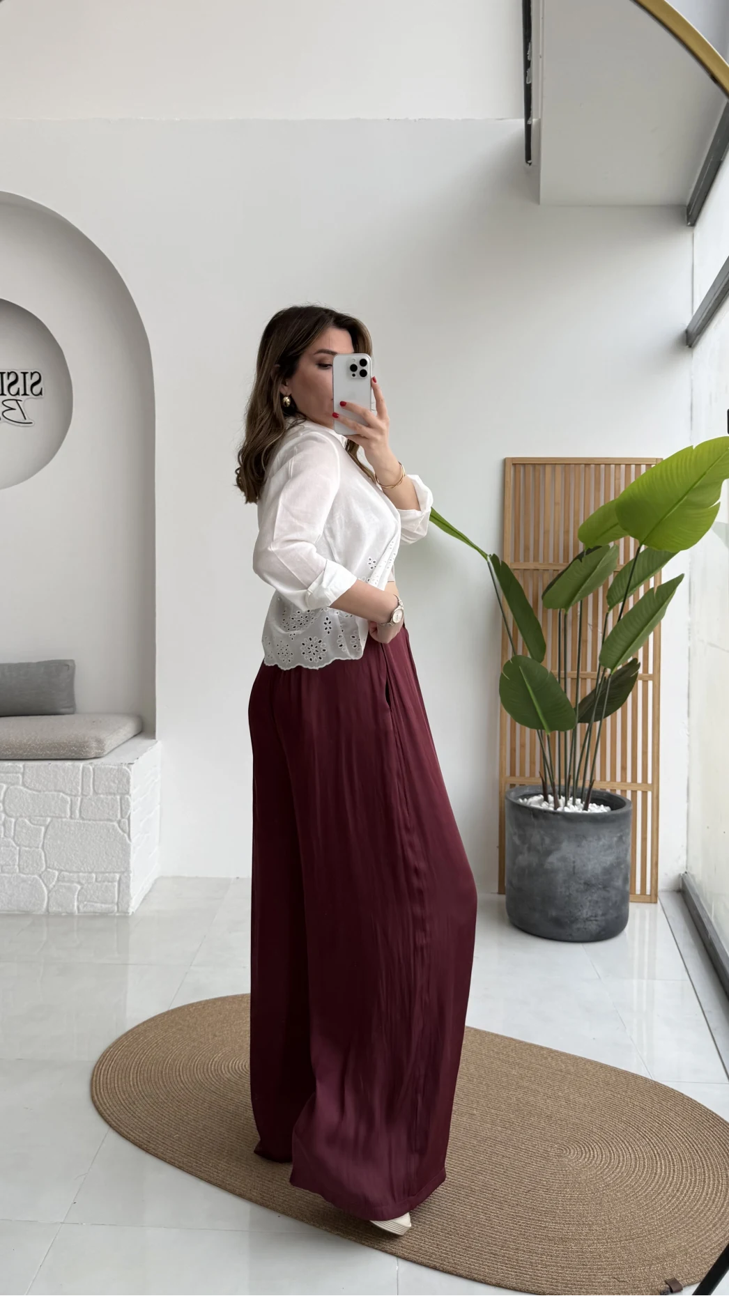 Bel Ortası Lastikli Saten Pantolon - Bordo - Kod: 51297