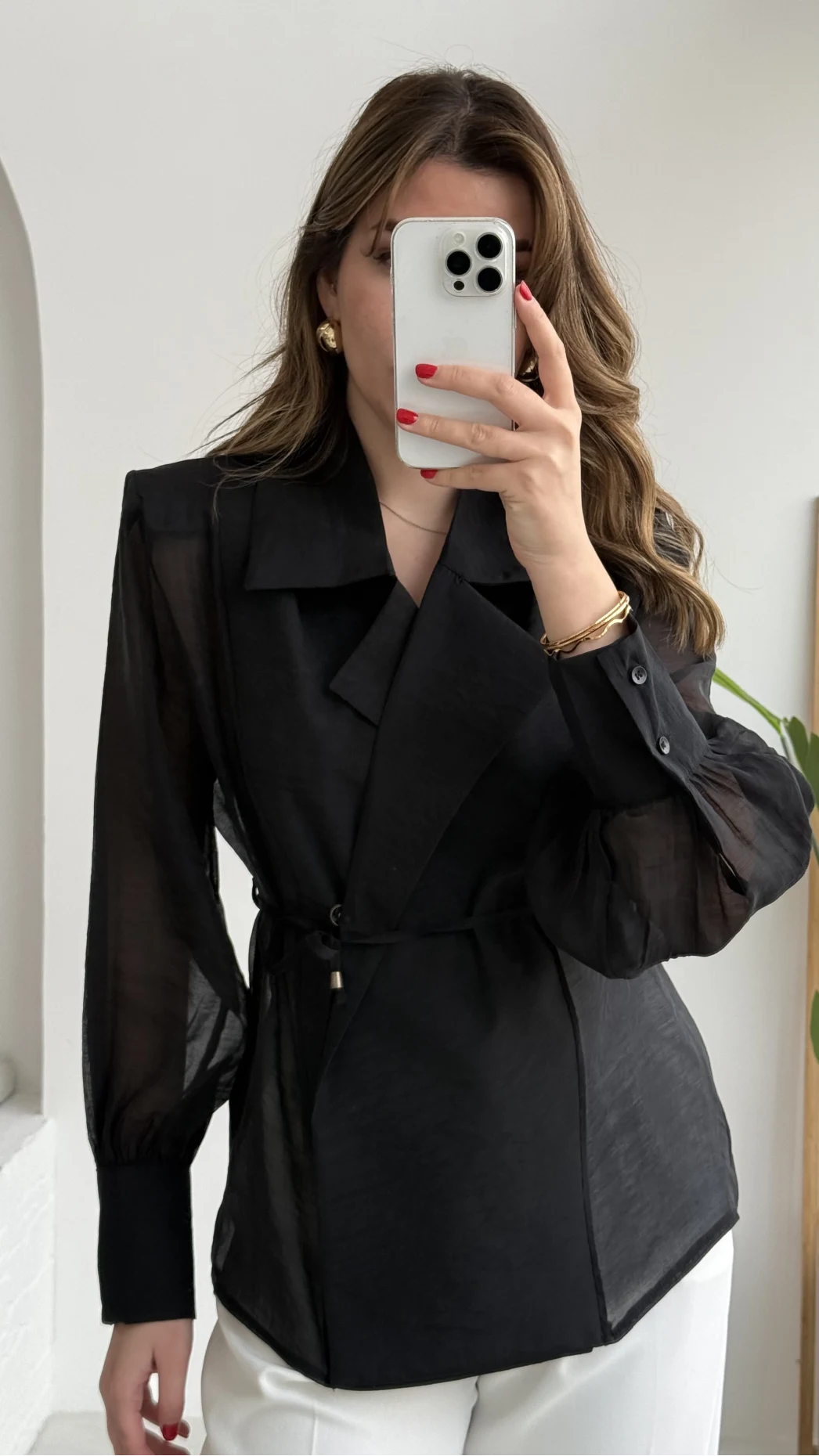 Maisie Vatkalı Transparan Bağlamalı Gömlek - Siyah - Kod: 5029