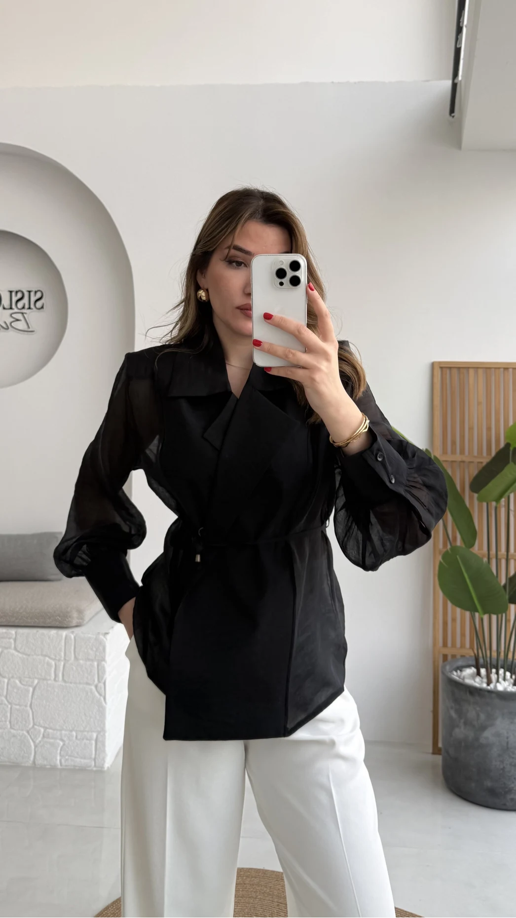 Maisie Vatkalı Transparan Bağlamalı Gömlek - Siyah - Kod: 5029