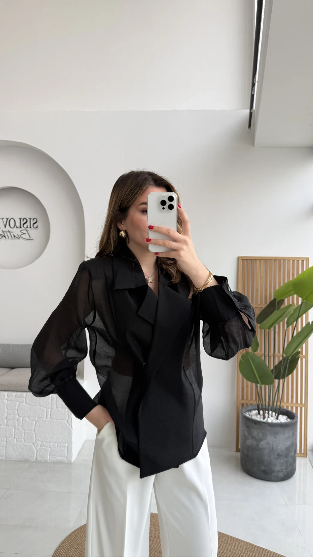 Maisie Vatkalı Transparan Bağlamalı Gömlek - Siyah - Kod: 5029