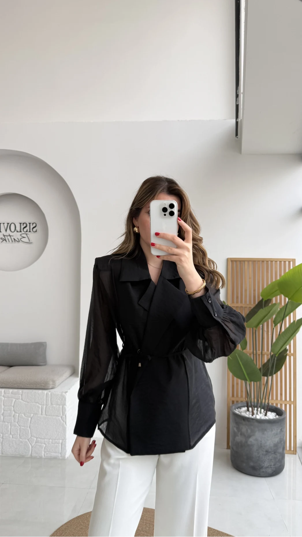 Maisie Vatkalı Transparan Bağlamalı Gömlek - Siyah - Kod: 5029