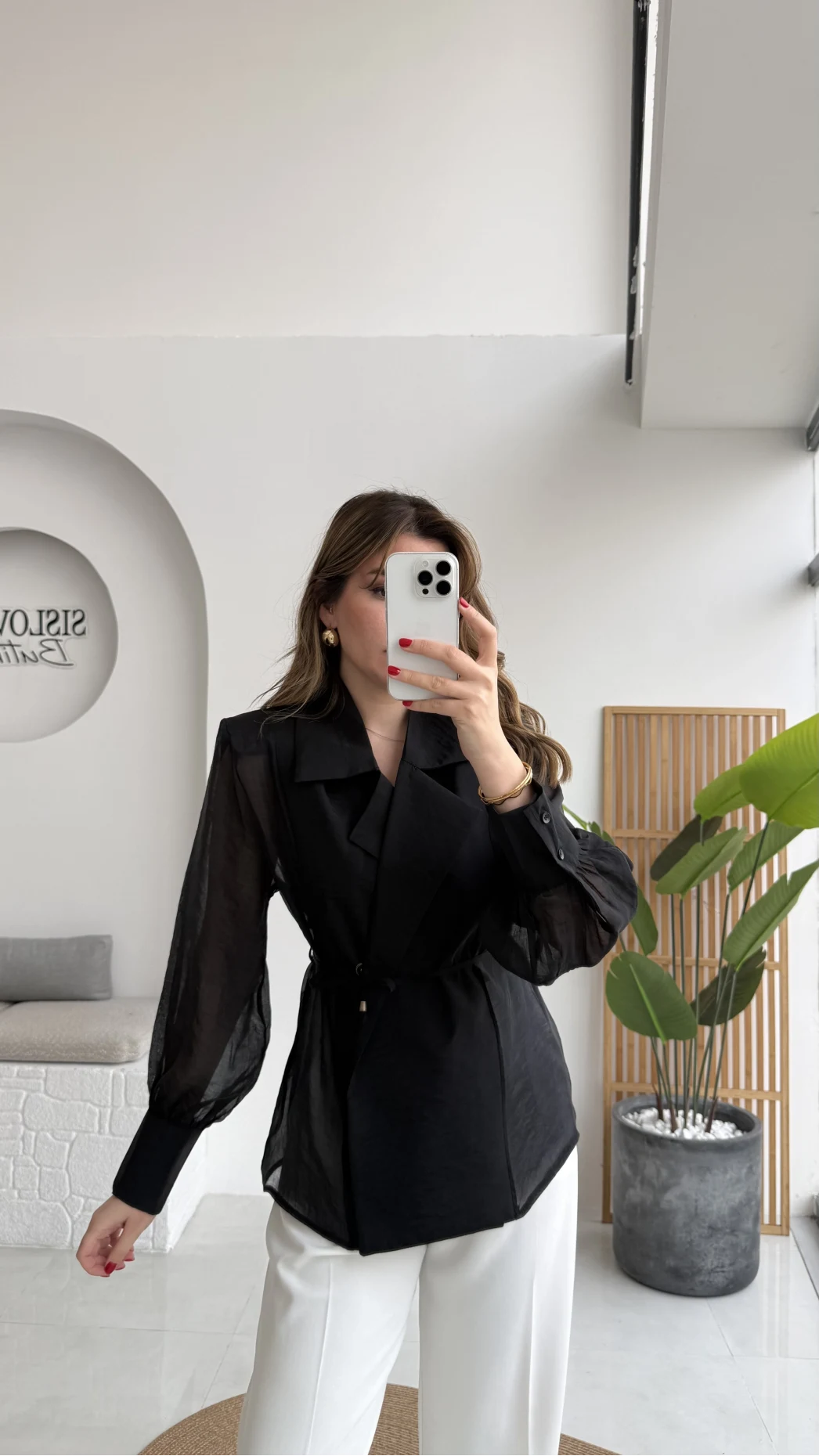 Maisie Vatkalı Transparan Bağlamalı Gömlek - Siyah - Kod: 5029