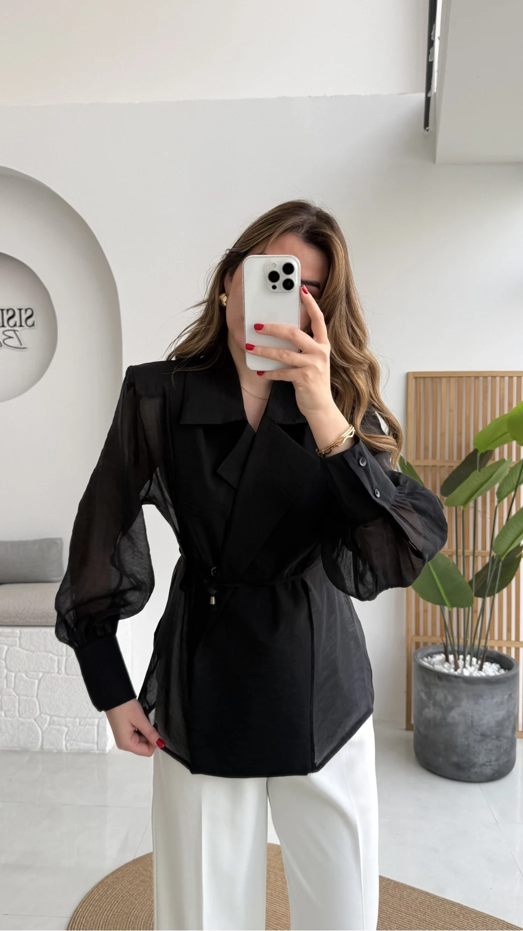 Maisie Vatkalı Transparan Bağlamalı Gömlek - Siyah - Kod: 5029