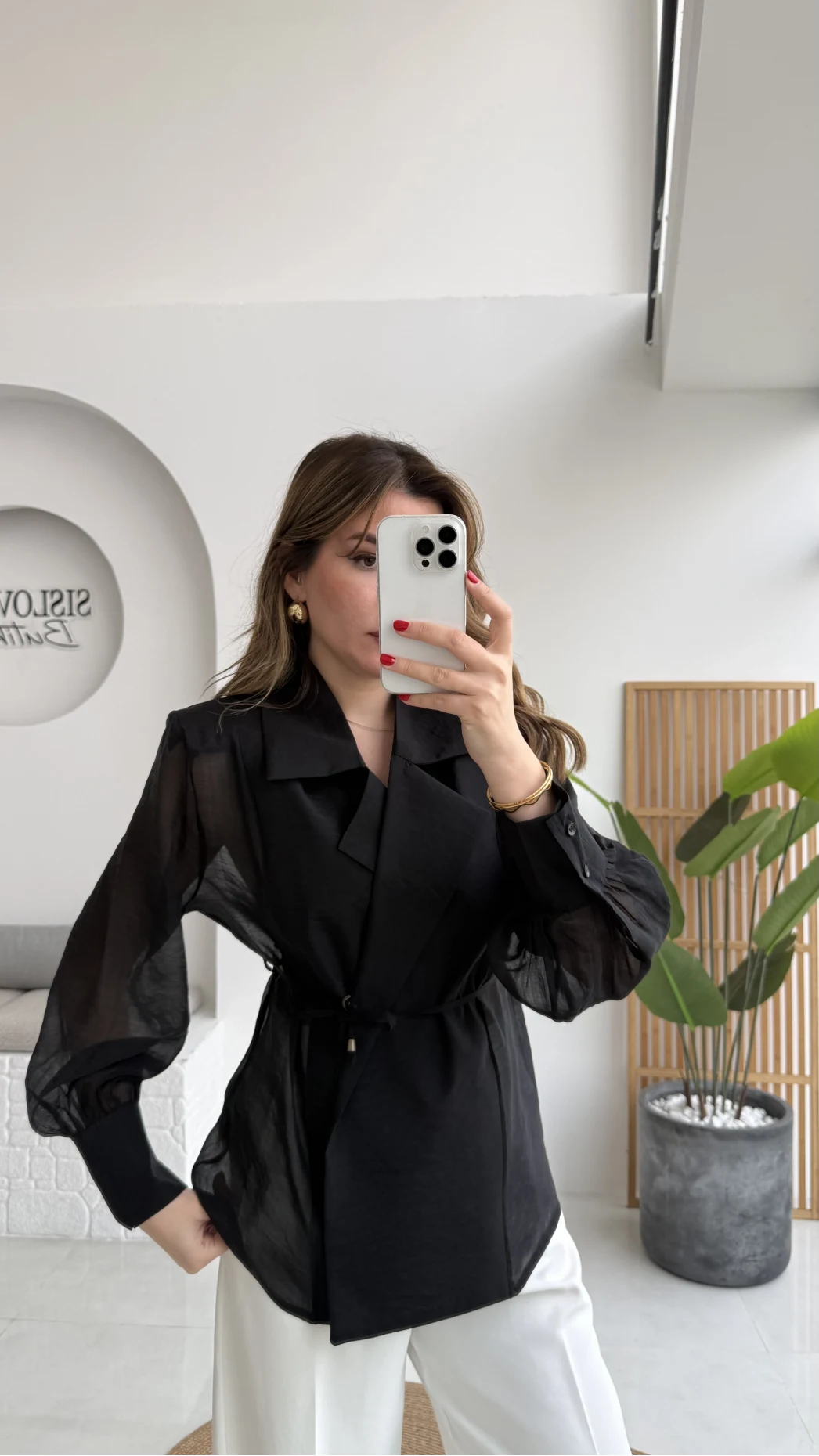 Maisie Vatkalı Transparan Bağlamalı Gömlek - Siyah - Kod: 5029