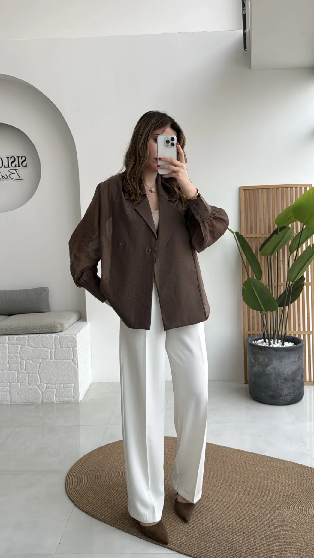 Maisie Vatkalı Transparan Bağlamalı Gömlek - Kahve - Kod: 5029