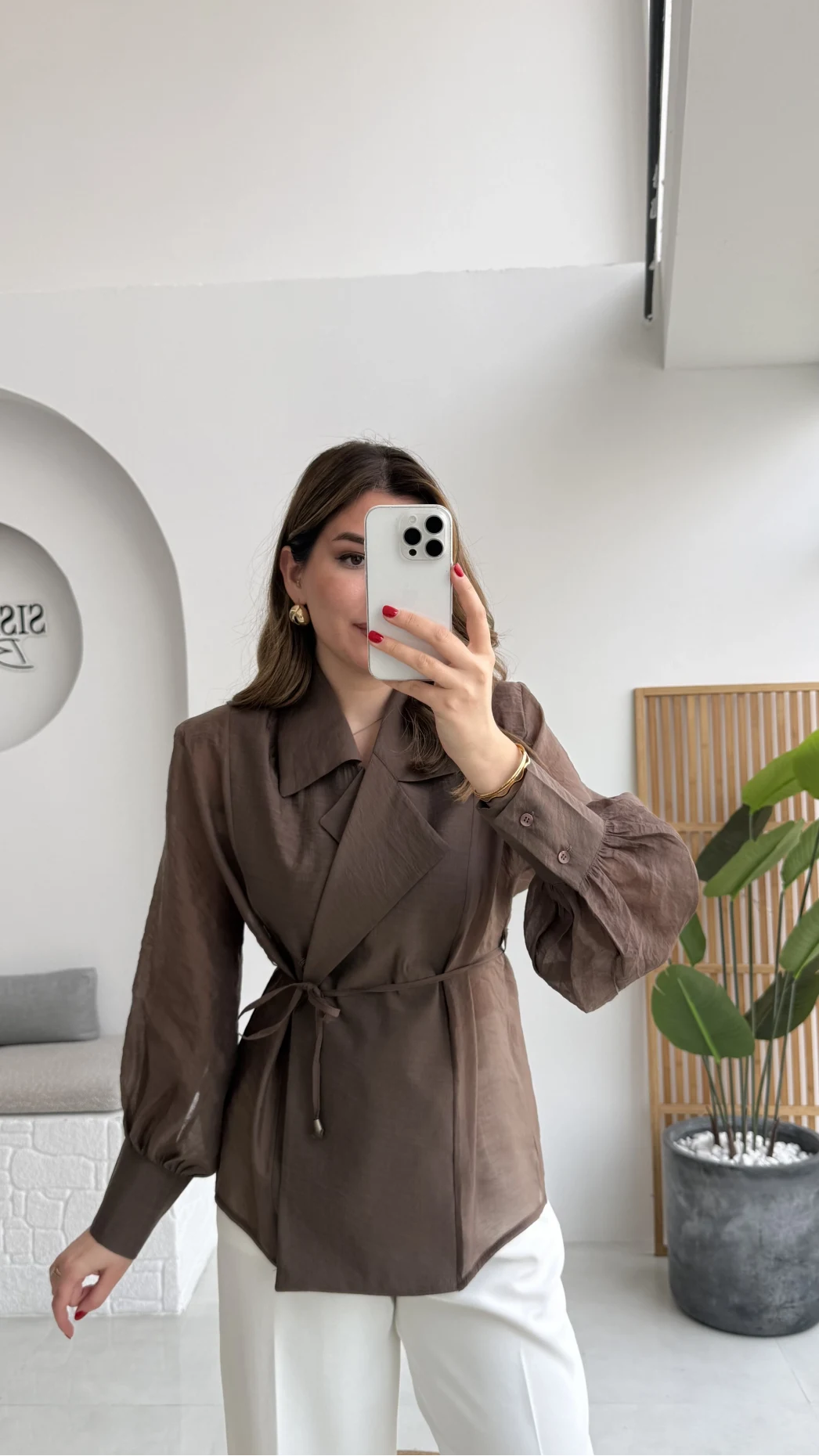 Maisie Vatkalı Transparan Bağlamalı Gömlek - Kahve - Kod: 5029