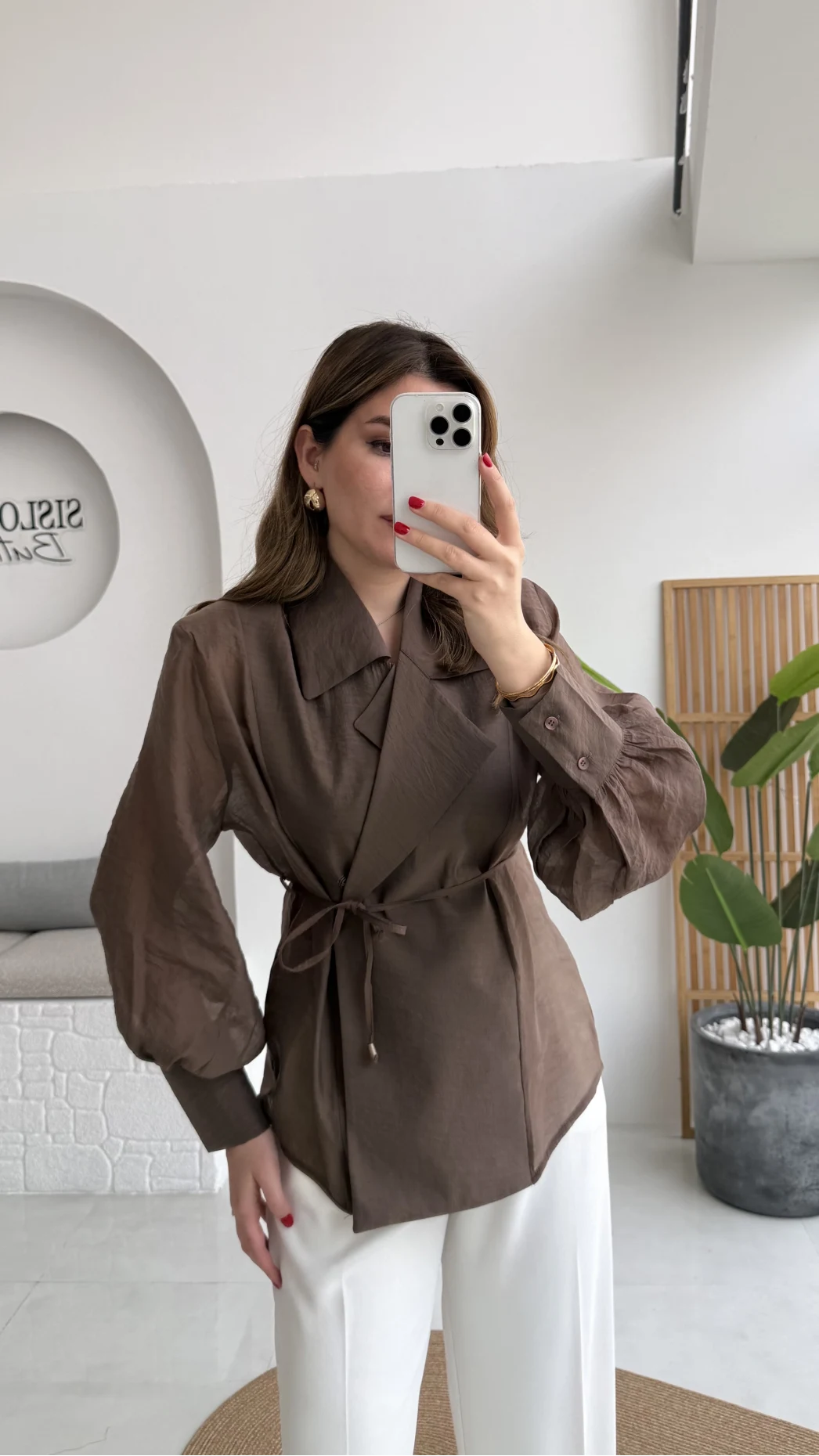 Maisie Vatkalı Transparan Bağlamalı Gömlek - Kahve - Kod: 5029