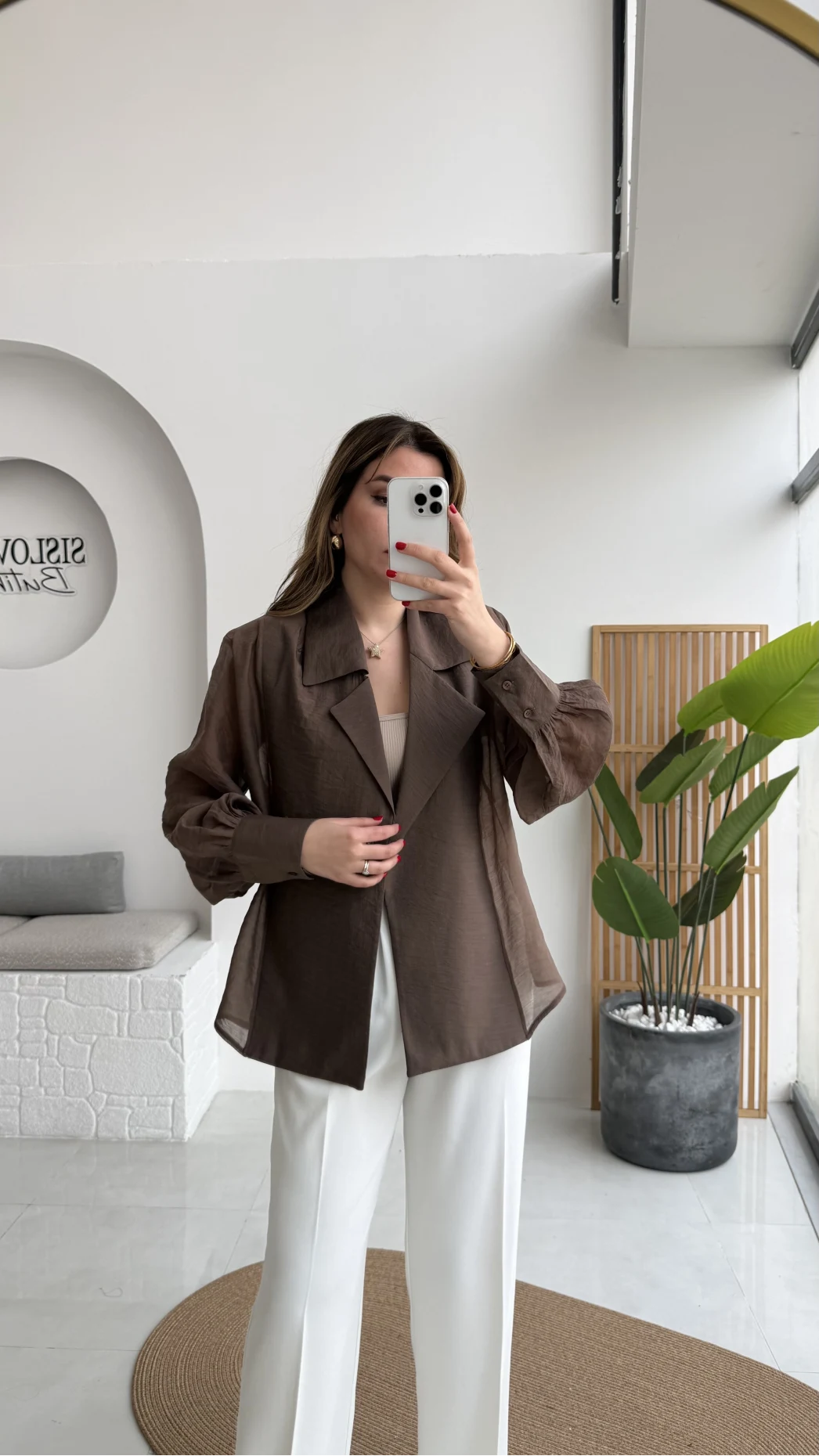 Maisie Vatkalı Transparan Bağlamalı Gömlek - Kahve - Kod: 5029