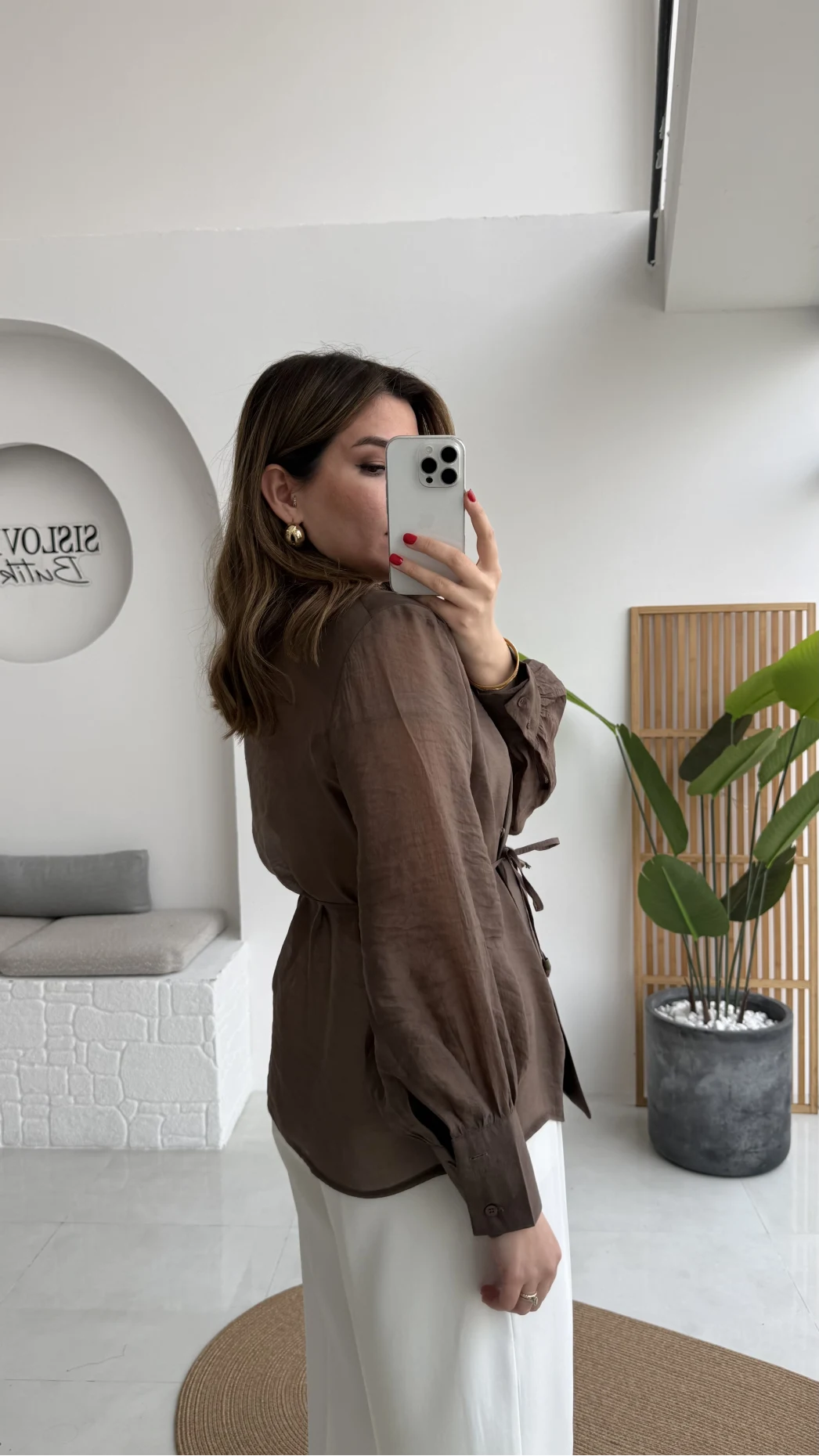 Maisie Vatkalı Transparan Bağlamalı Gömlek - Kahve - Kod: 5029