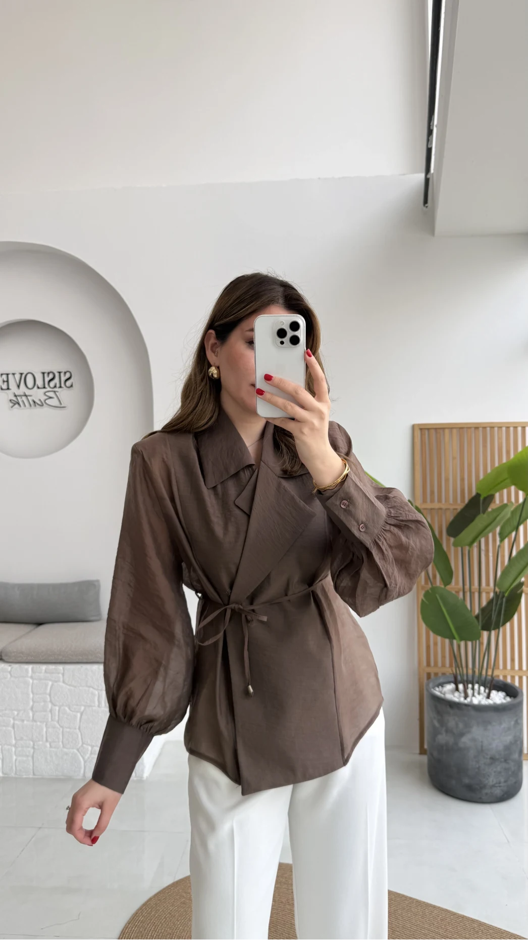 Maisie Vatkalı Transparan Bağlamalı Gömlek - Kahve - Kod: 5029