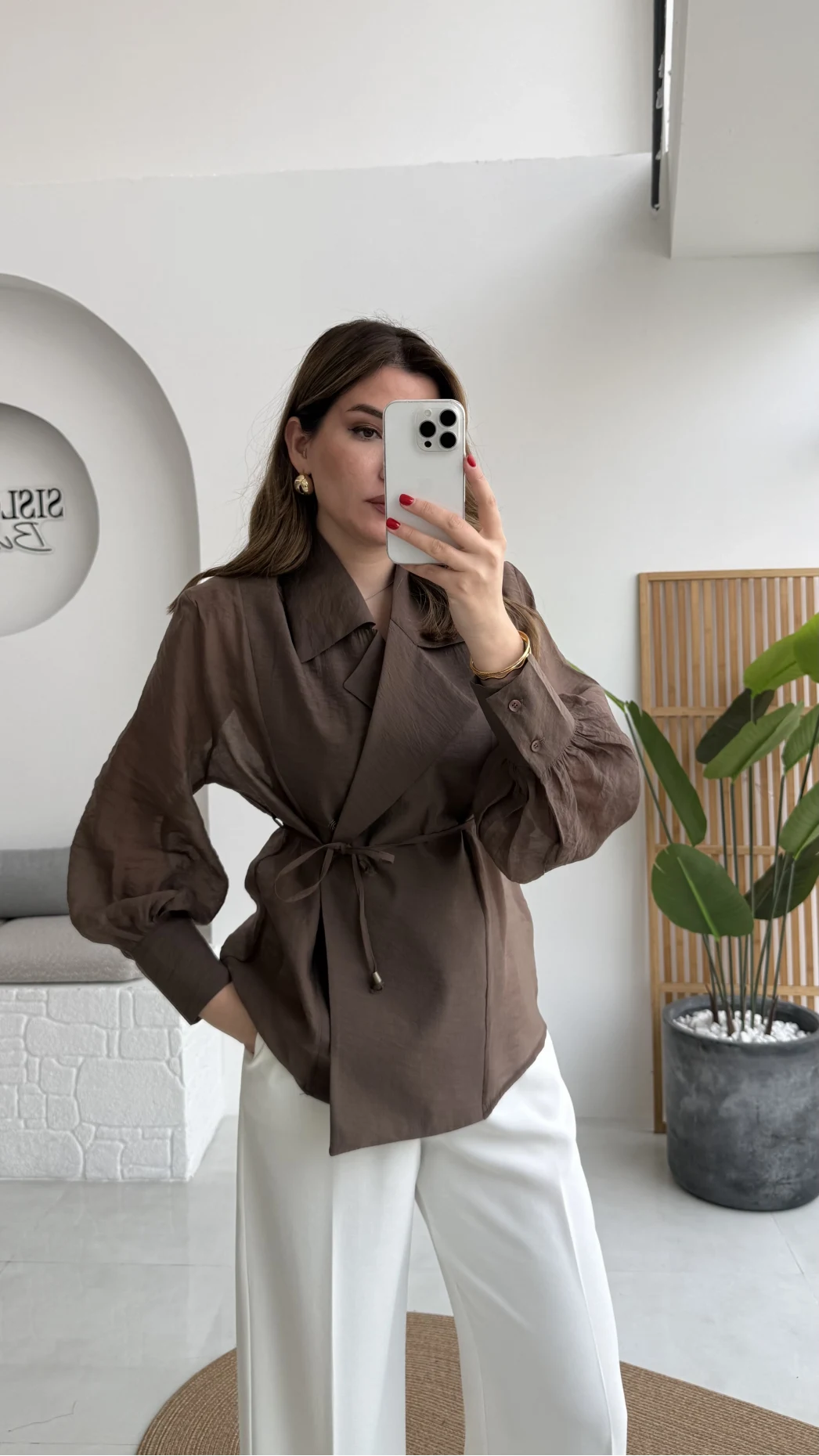 Maisie Vatkalı Transparan Bağlamalı Gömlek - Kahve - Kod: 5029