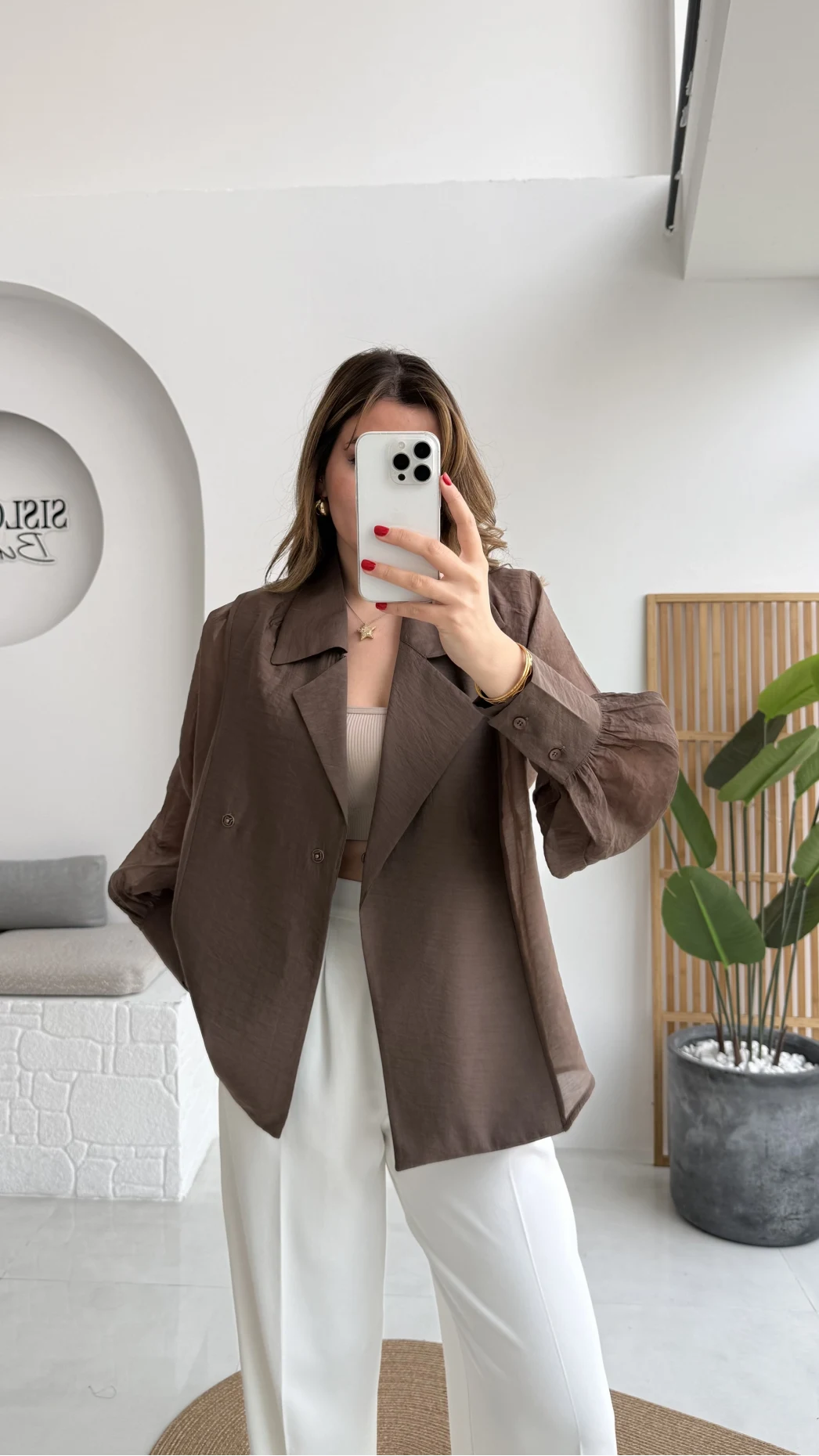 Maisie Vatkalı Transparan Bağlamalı Gömlek - Kahve - Kod: 5029