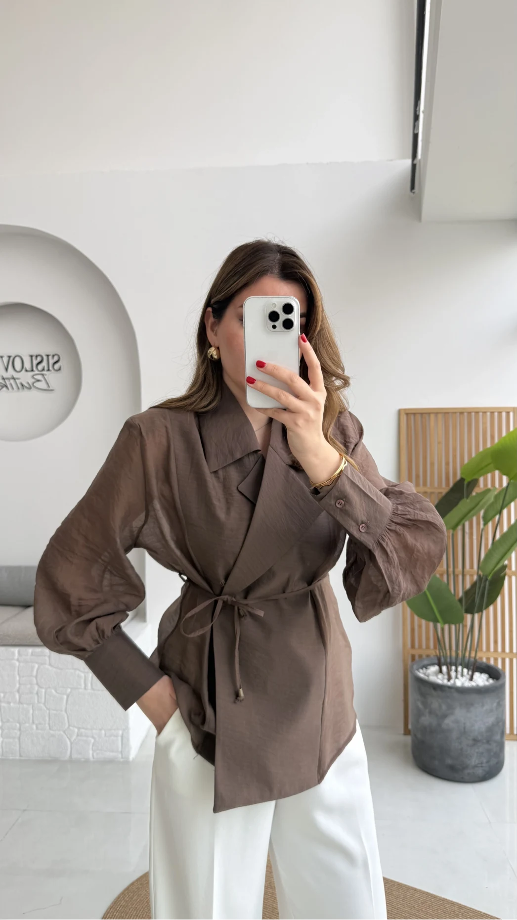 Maisie Vatkalı Transparan Bağlamalı Gömlek - Kahve - Kod: 5029