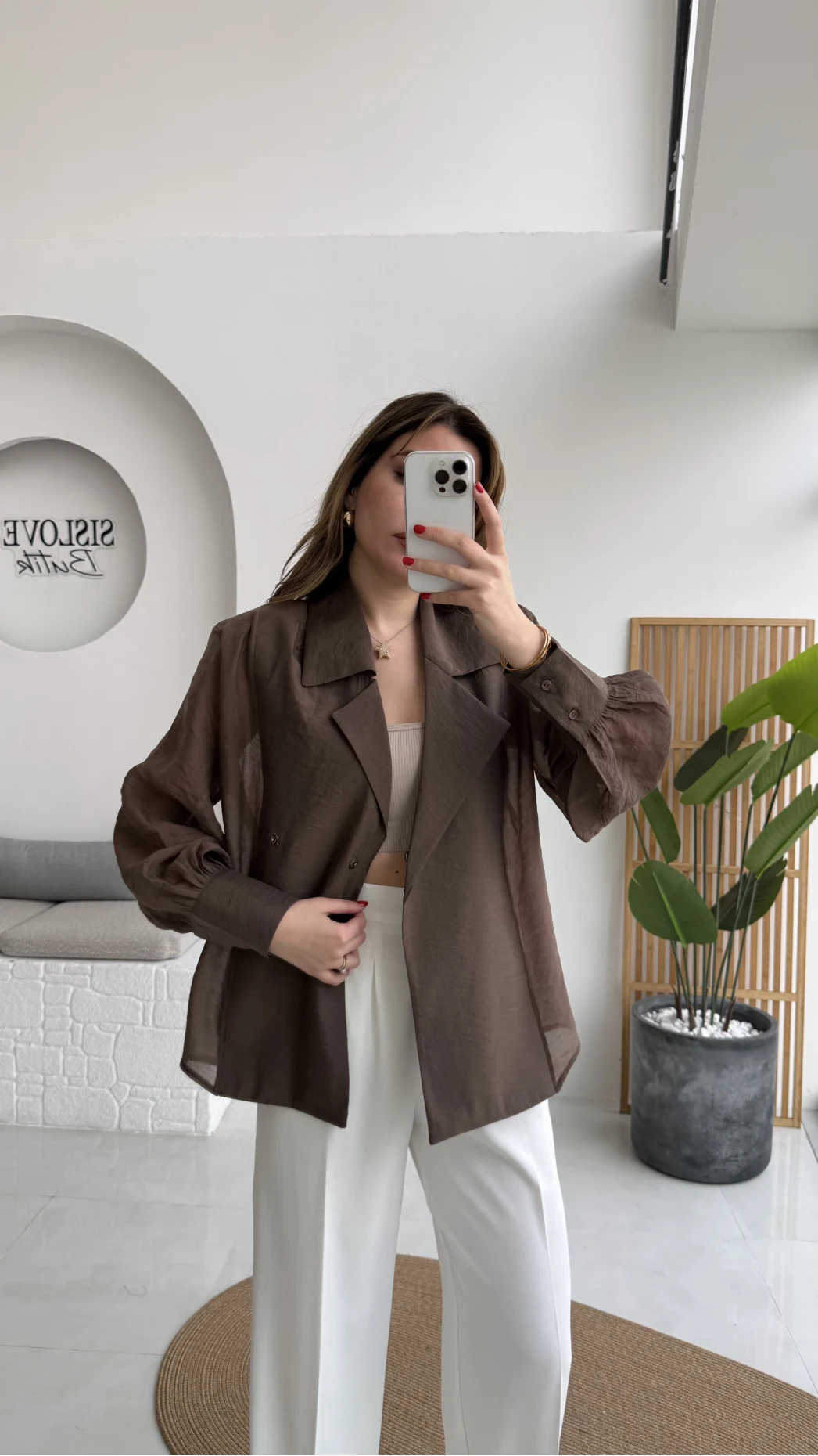 Maisie Vatkalı Transparan Bağlamalı Gömlek - Kahve - Kod: 5029