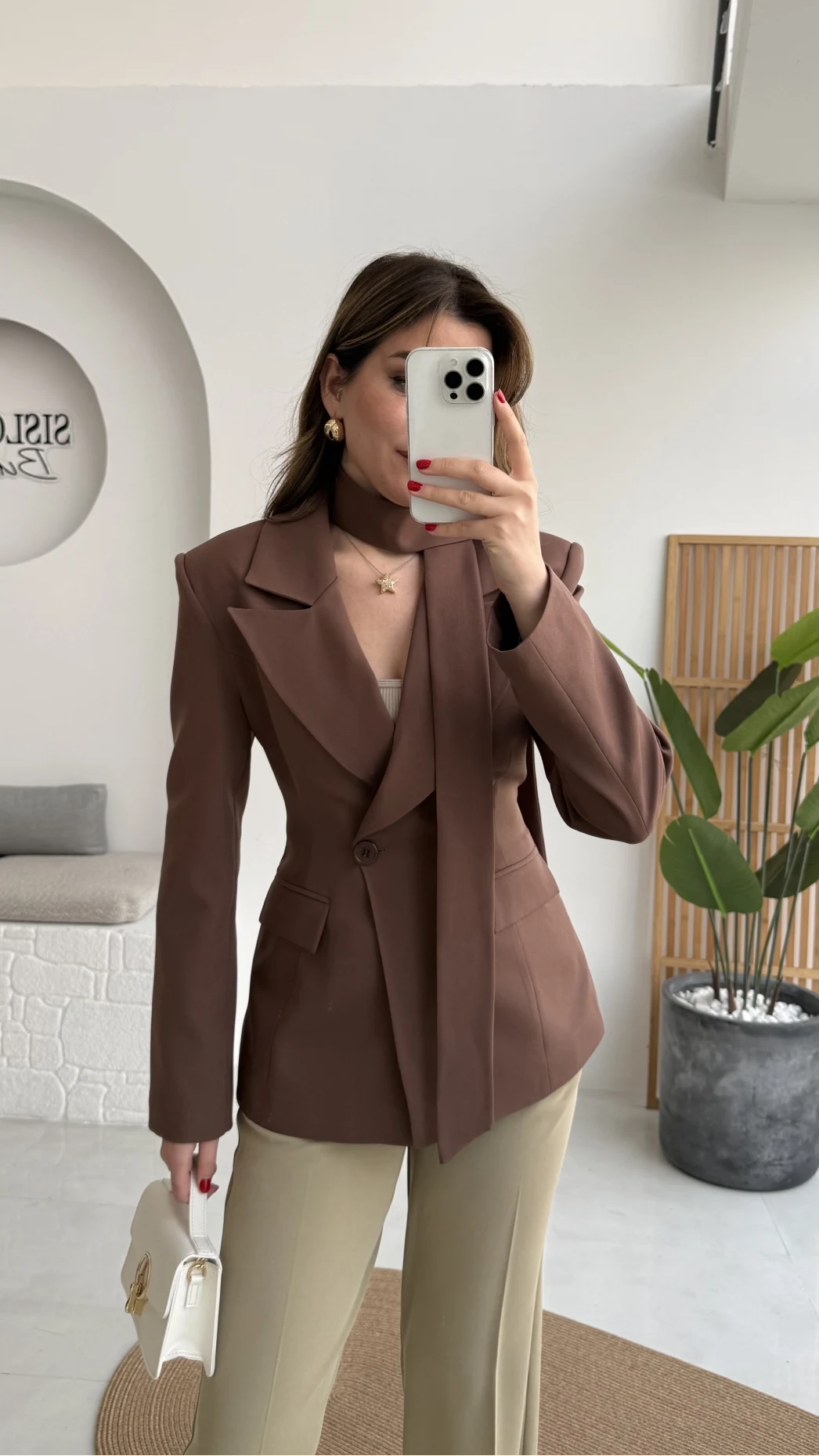 Lucy Fularlı Bele Oturan Blazer Ceket - Kahverengi