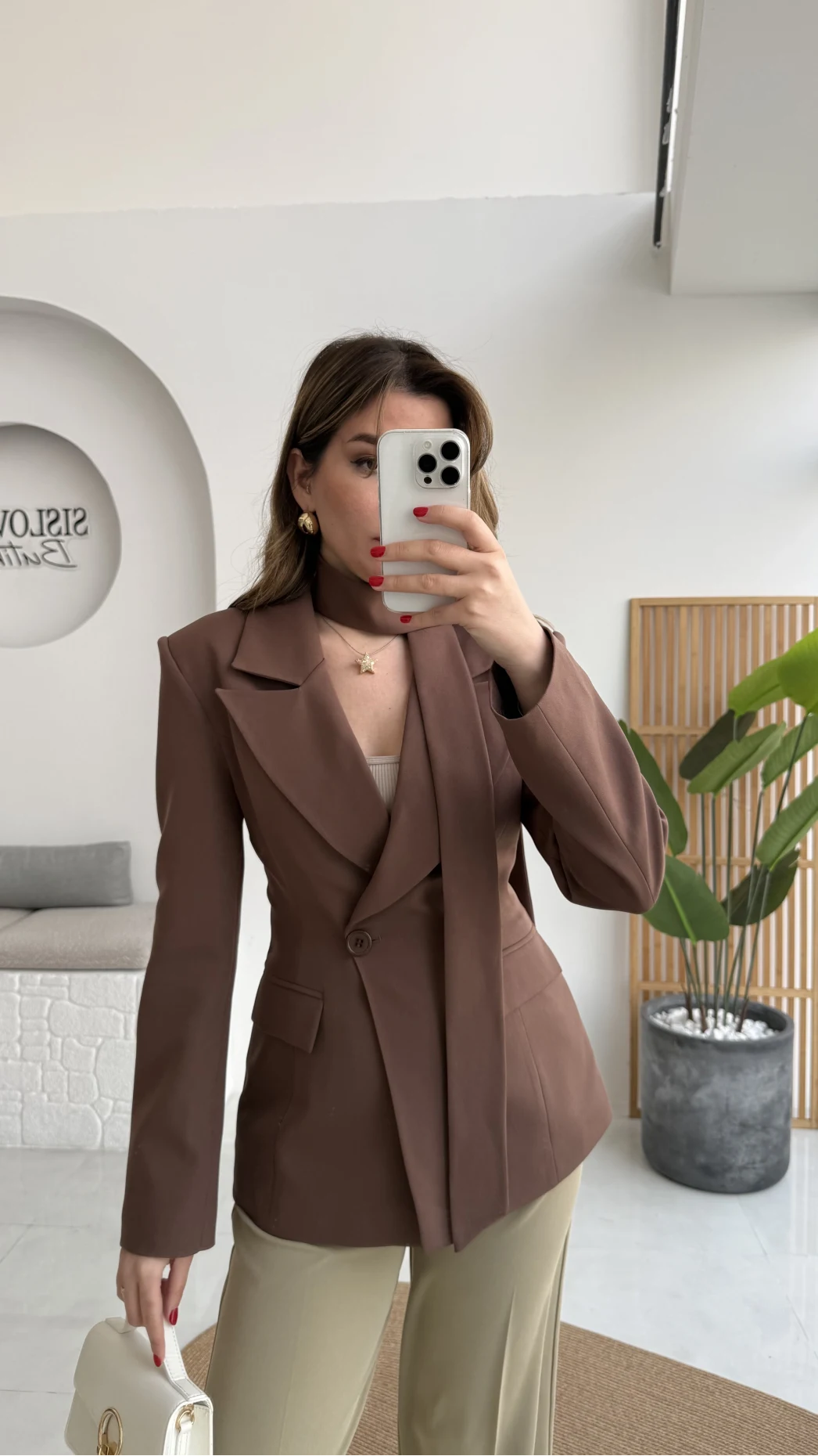 Lucy Fularlı Bele Oturan Blazer Ceket - Kahverengi