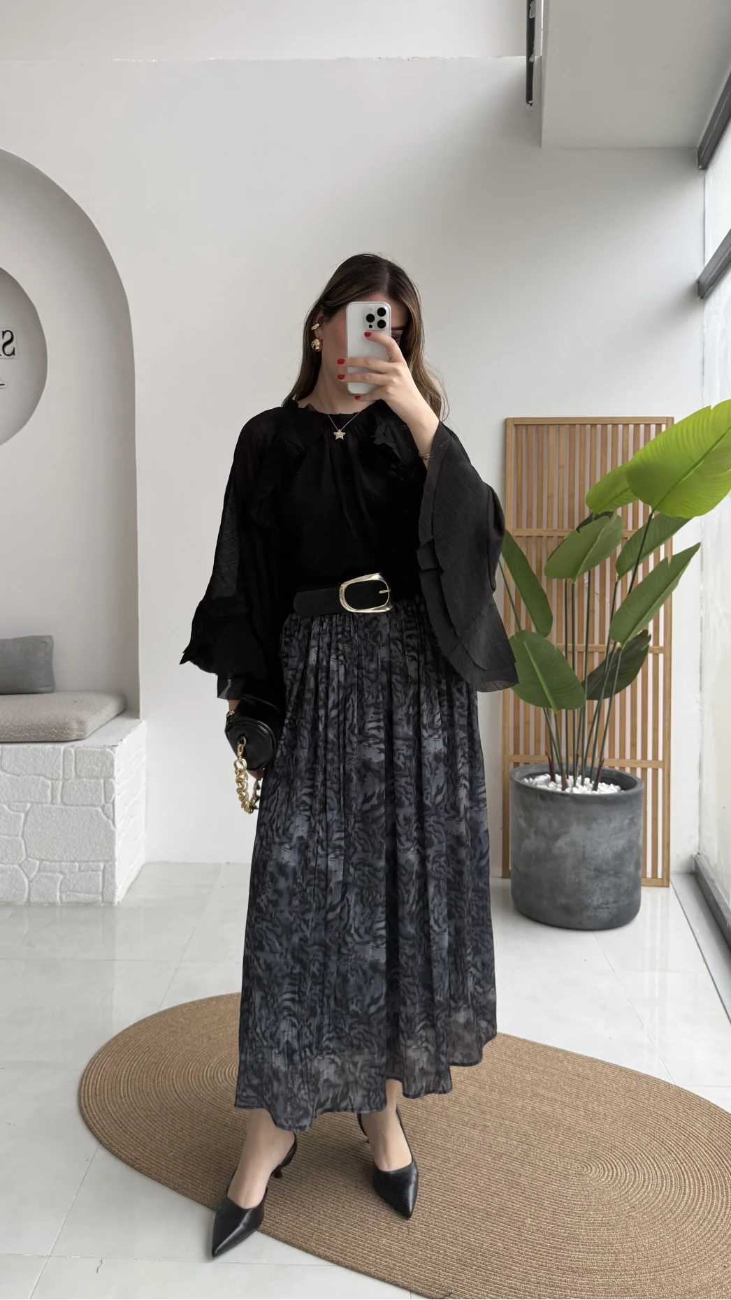 Berry Kemerli Desenli Piliseli Etek - Füme - Kod: 3375