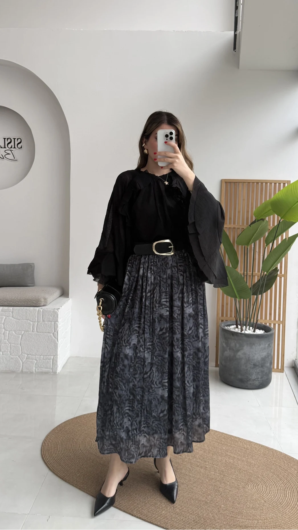 Berry Kemerli Desenli Piliseli Etek - Füme - Kod: 3375