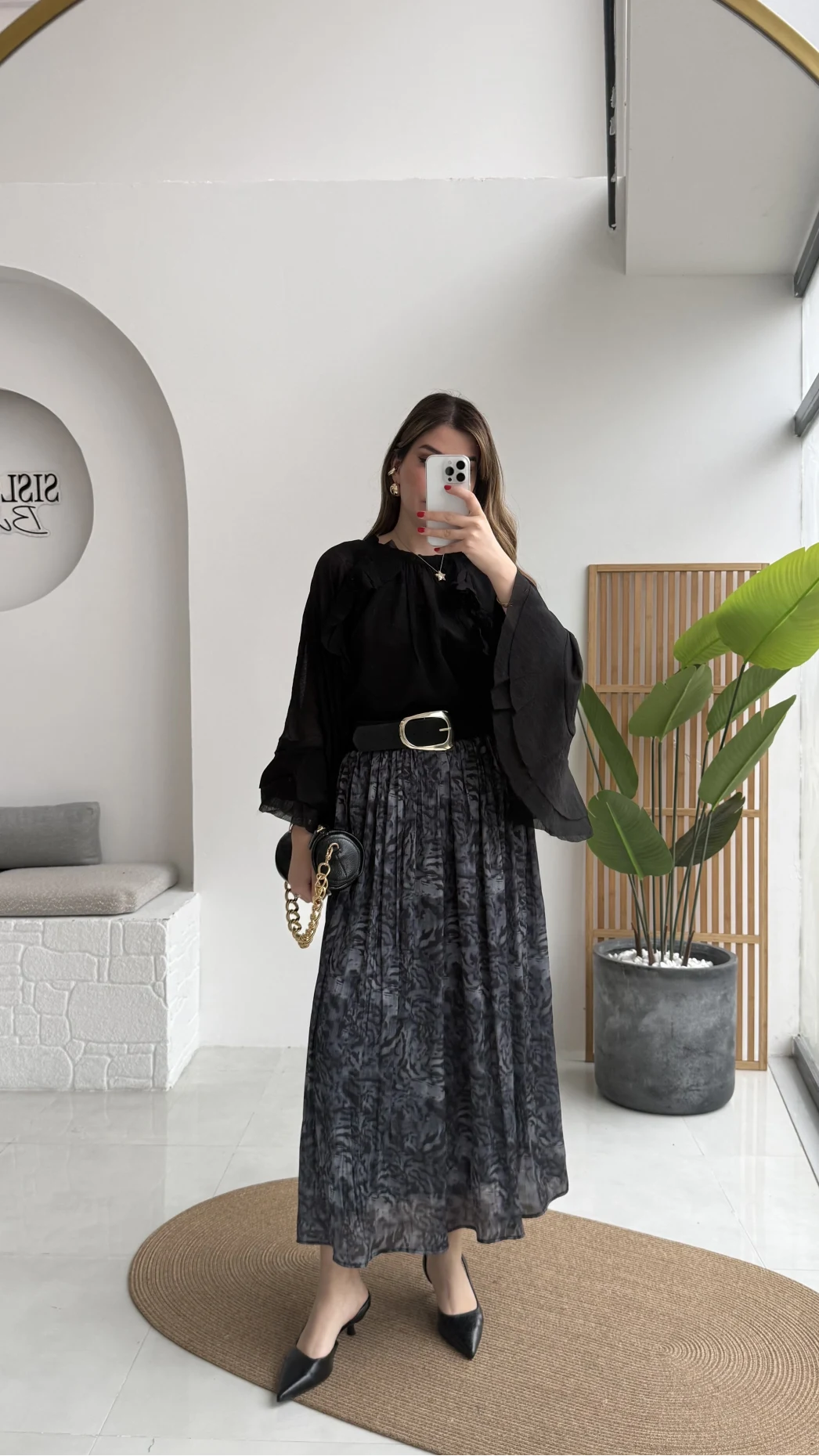 Berry Kemerli Desenli Piliseli Etek - Füme - Kod: 3375