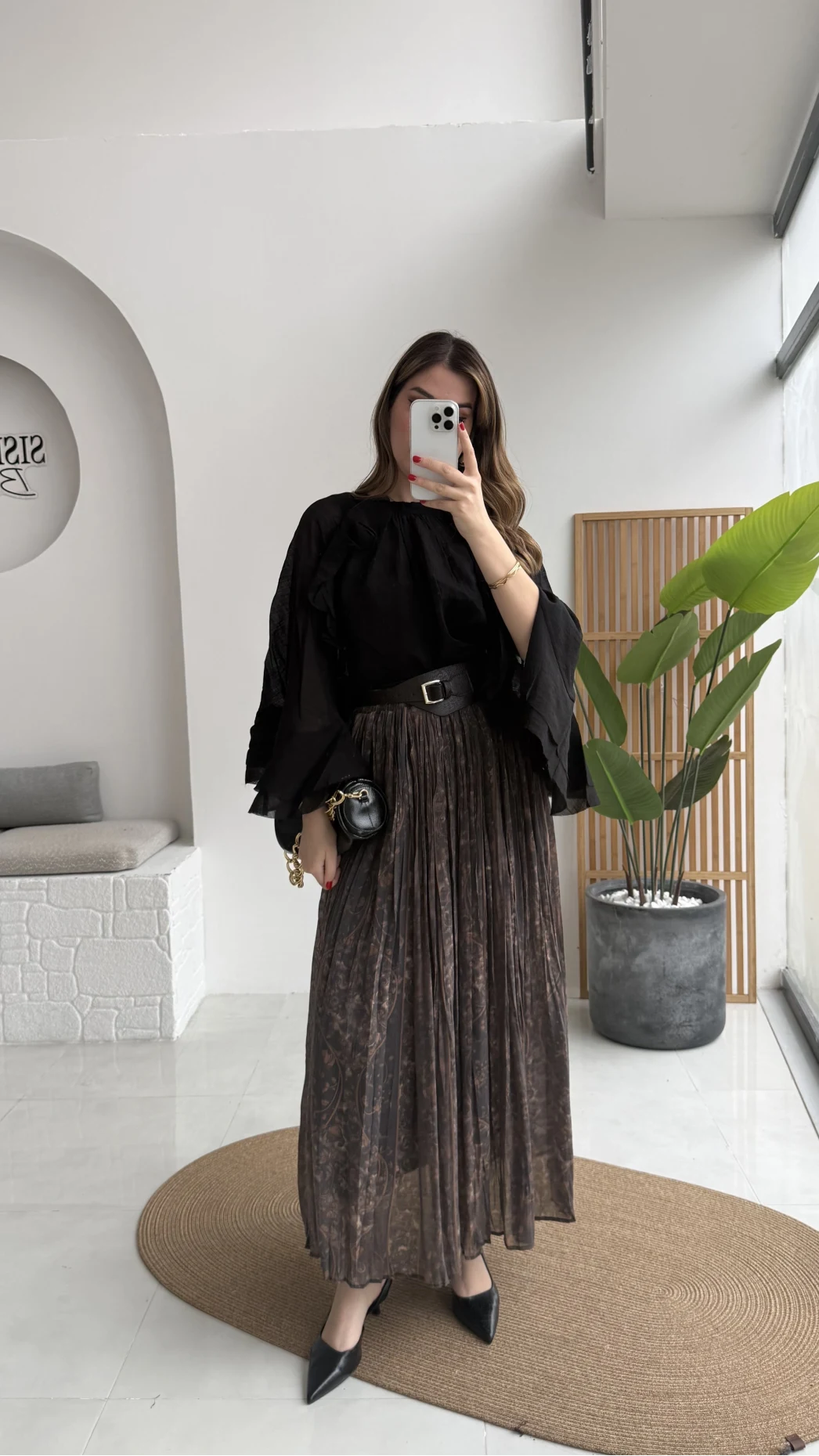 Faylinn Kemerli Baskılı Etek - Kahverengi - Kod: 3374