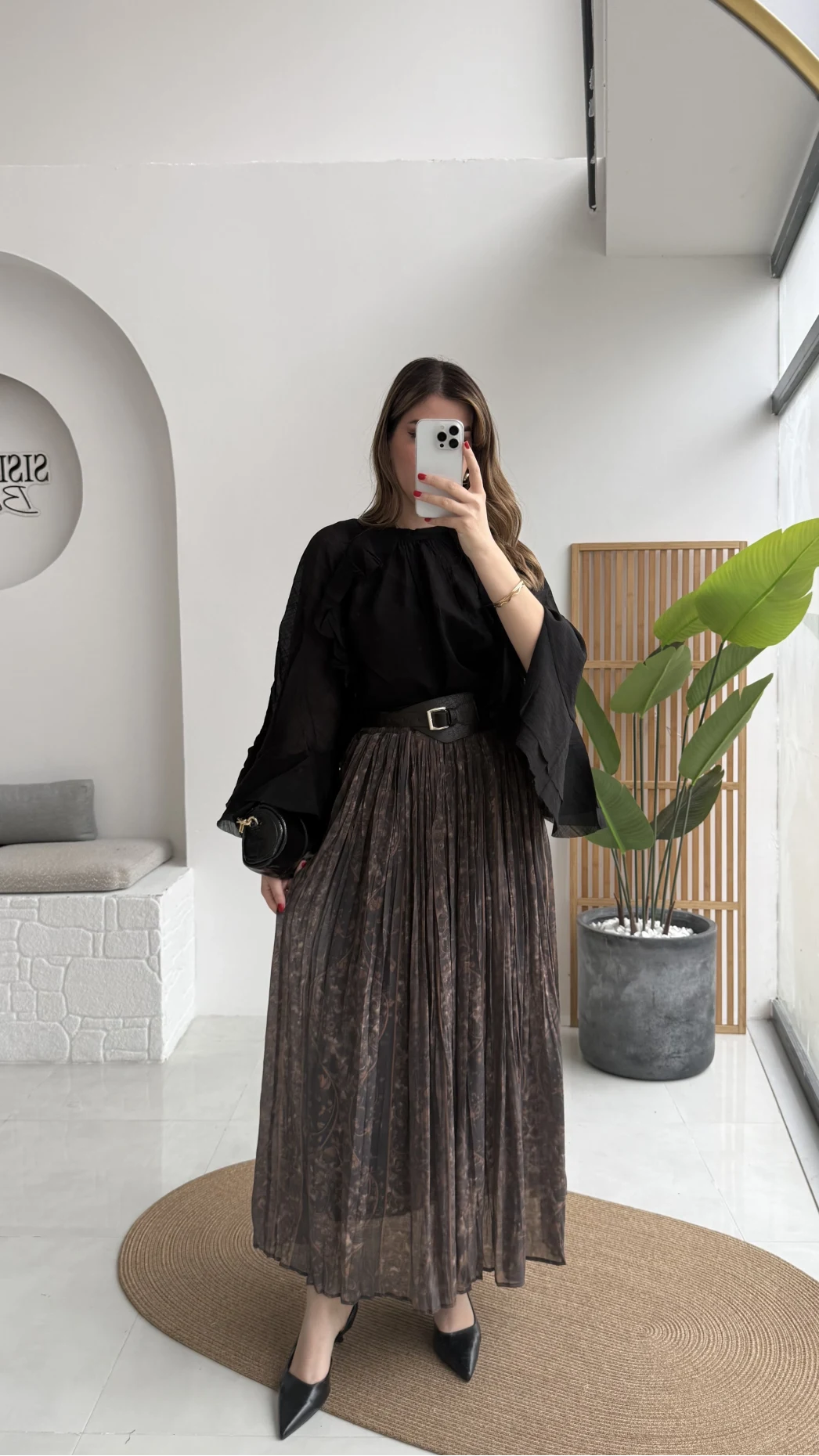 Faylinn Kemerli Baskılı Etek - Kahverengi - Kod: 3374