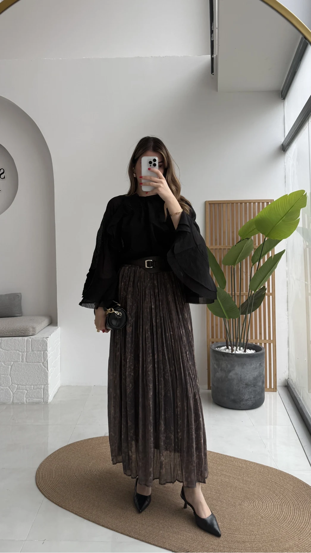 Faylinn Kemerli Baskılı Etek - Kahverengi - Kod: 3374