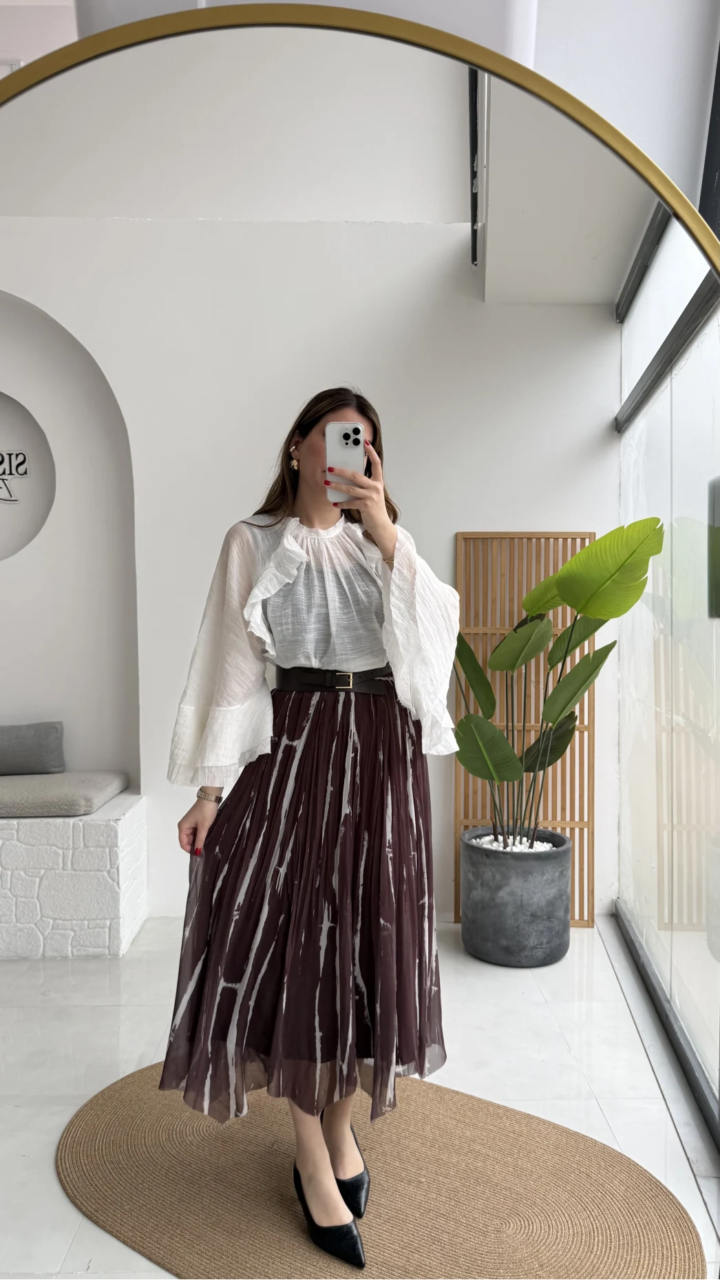 Parçalı Kemerli Asimetrik Kesim Etek - Kahve - Kod: 3369