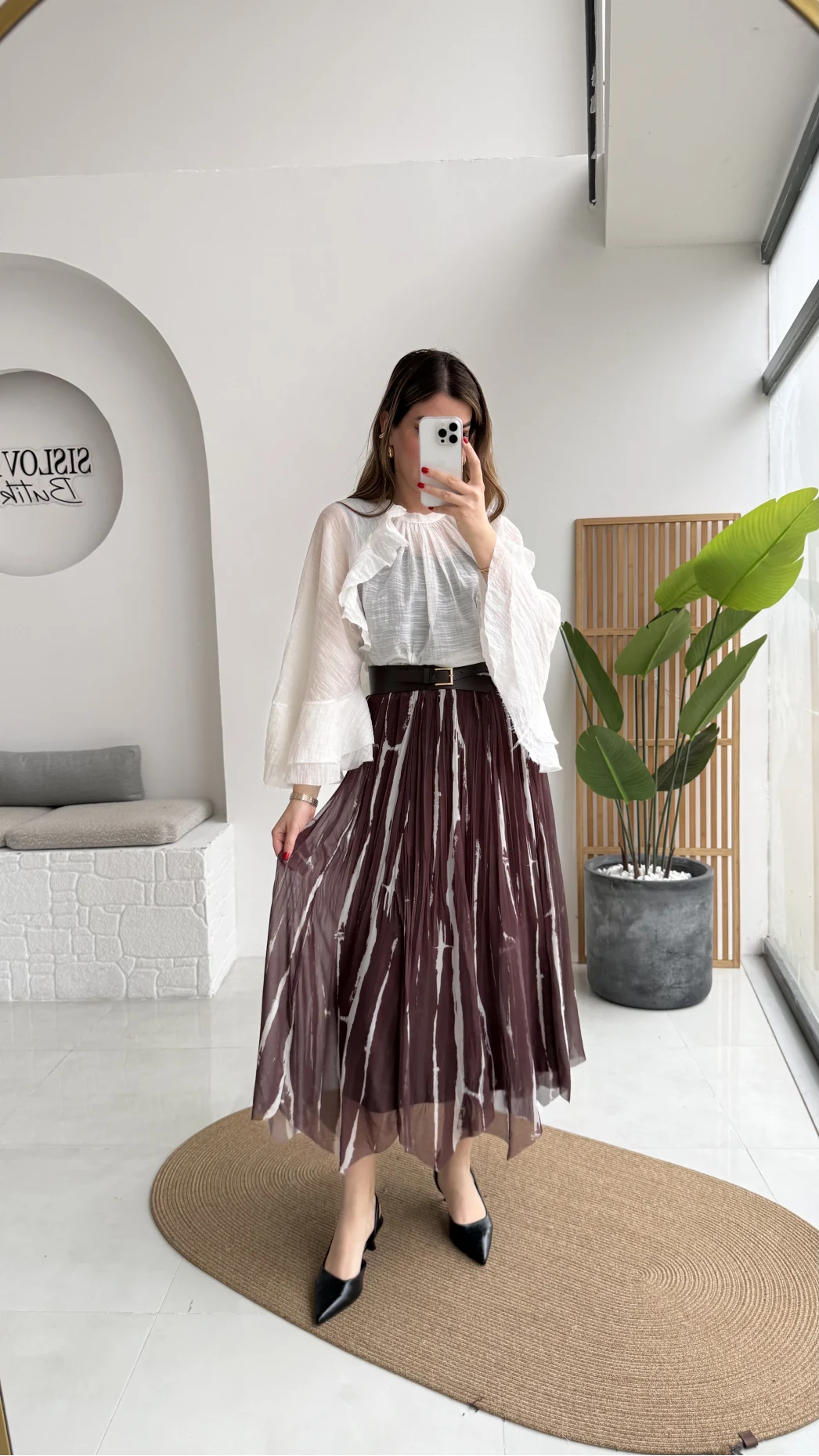 Parçalı Kemerli Asimetrik Kesim Etek - Kahve - Kod: 3369