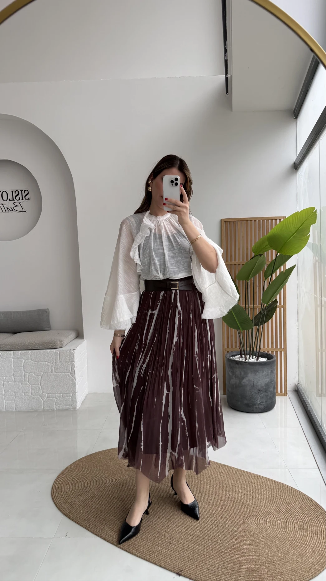 Parçalı Kemerli Asimetrik Kesim Etek - Kahve - Kod: 3369