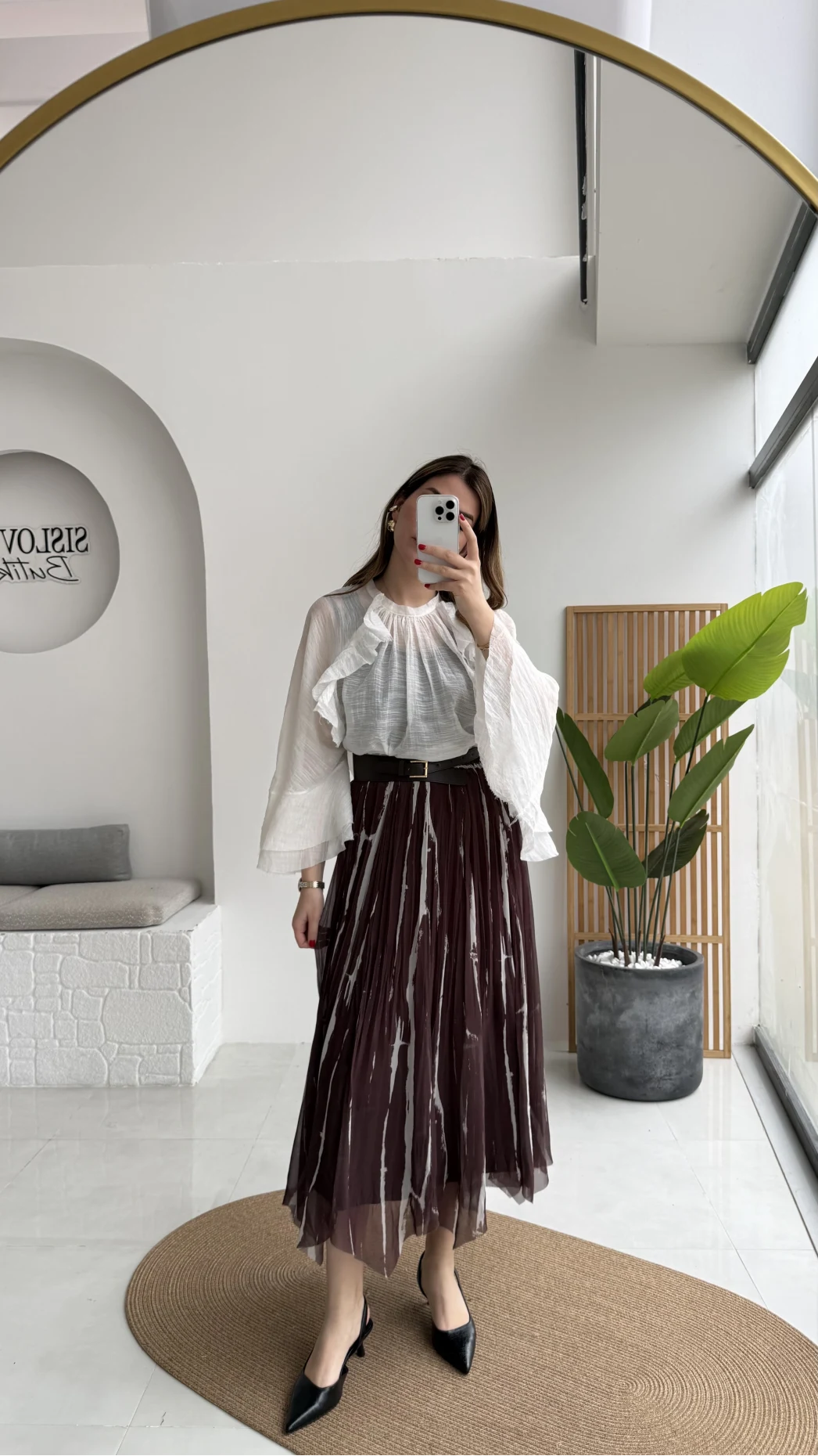 Parçalı Kemerli Asimetrik Kesim Etek - Kahve - Kod: 3369