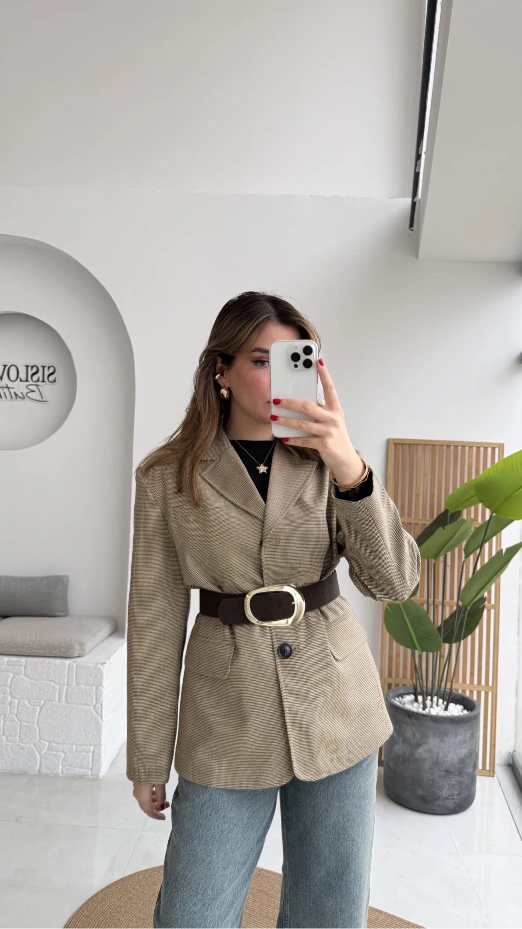 Hanna Kemerli Pitikareli Blazer Ceket - Hardal - Kod: 9720