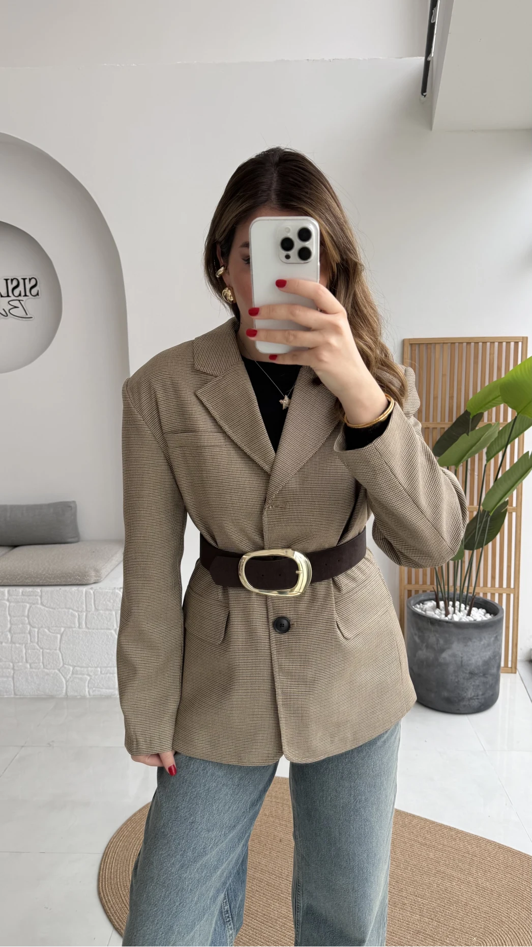 Hanna Kemerli Pitikareli Blazer Ceket - Hardal - Kod: 9720