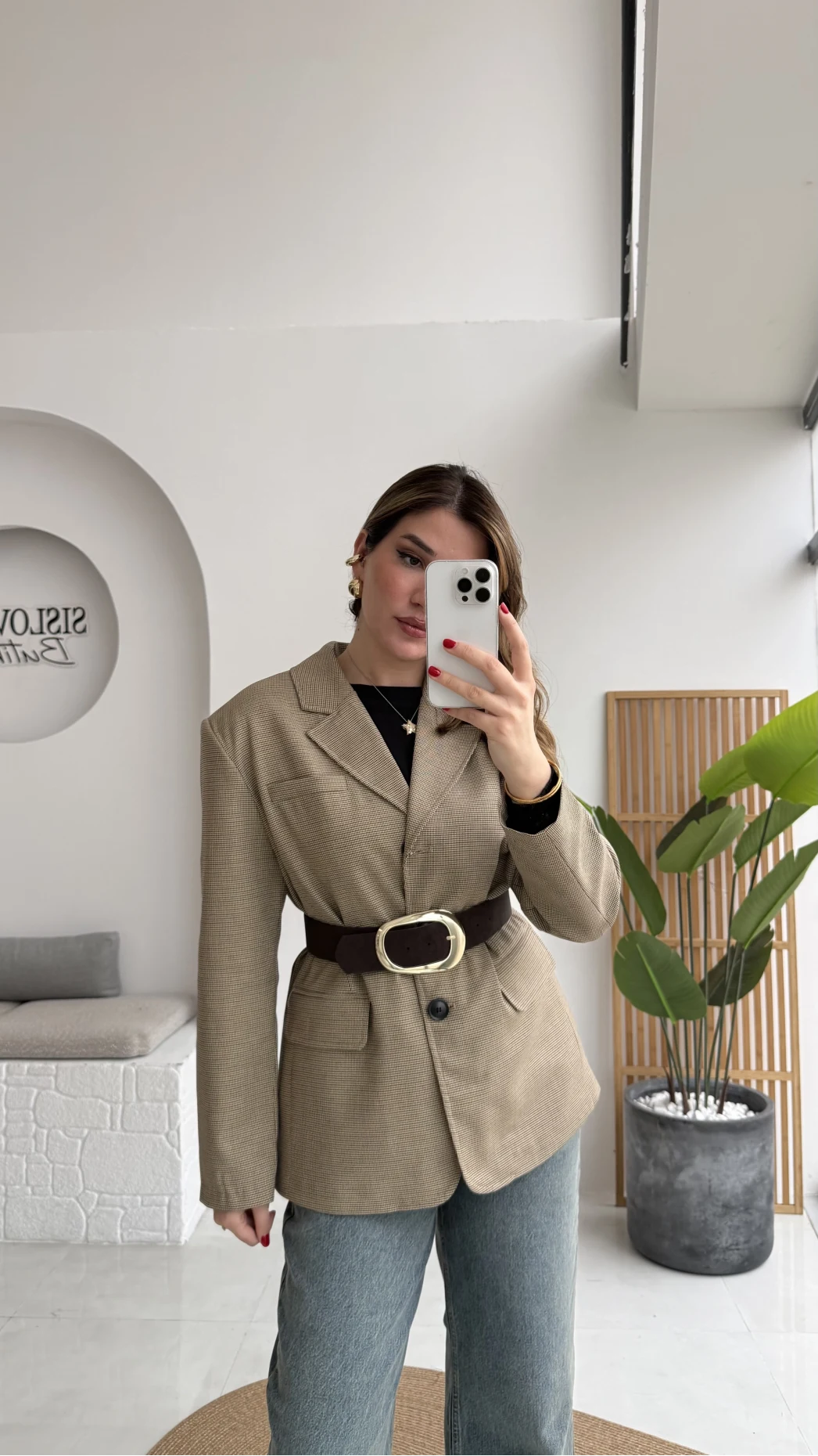 Hanna Kemerli Pitikareli Blazer Ceket - Hardal - Kod: 9720