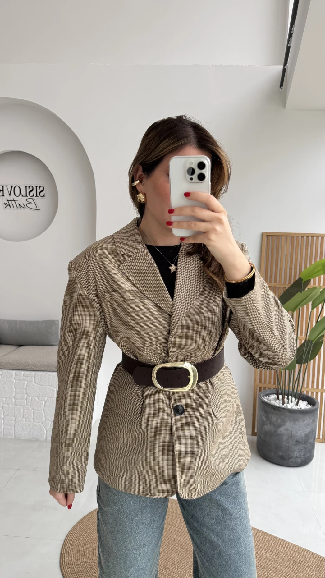 Hanna Kemerli Pitikareli Blazer Ceket - Hardal - Kod: 9720