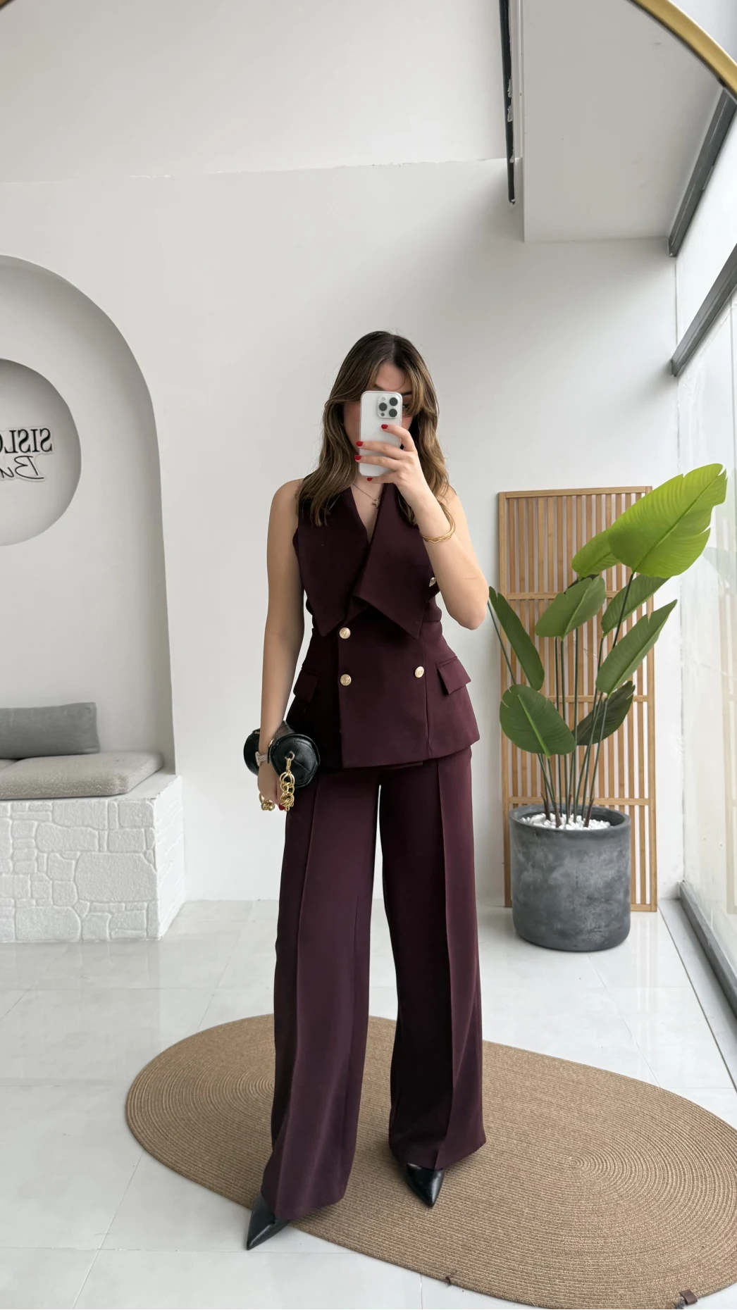 Rowena Yaka Detay Yelek-Pantolon Takım - Mürdüm - Kod: 9692