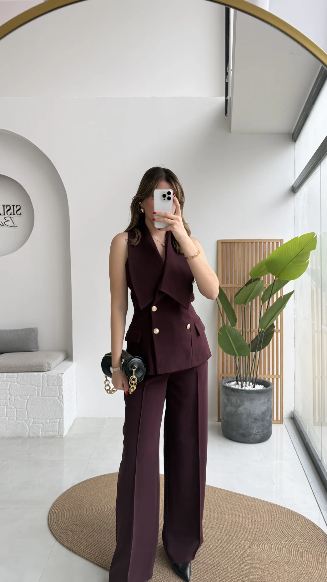 Rowena Yaka Detay Yelek-Pantolon Takım - Mürdüm - Kod: 9692