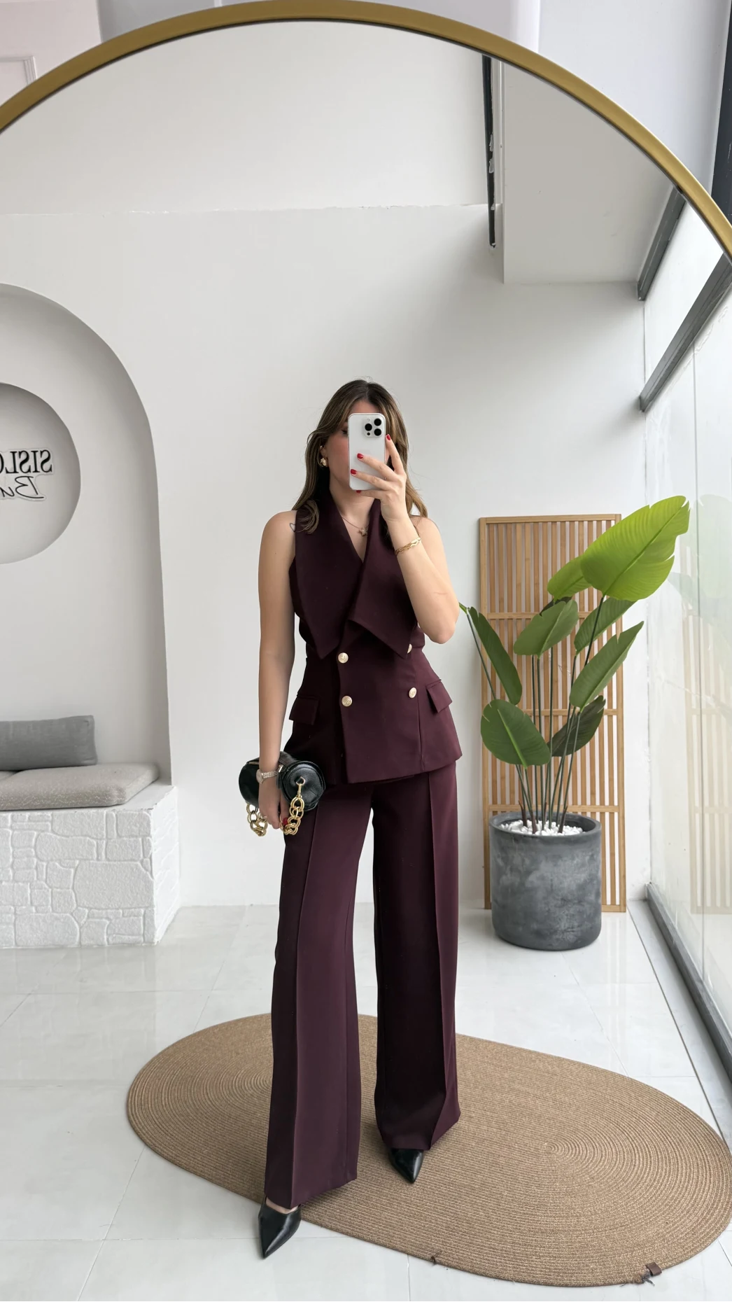 Rowena Yaka Detay Yelek-Pantolon Takım - Mürdüm - Kod: 9692