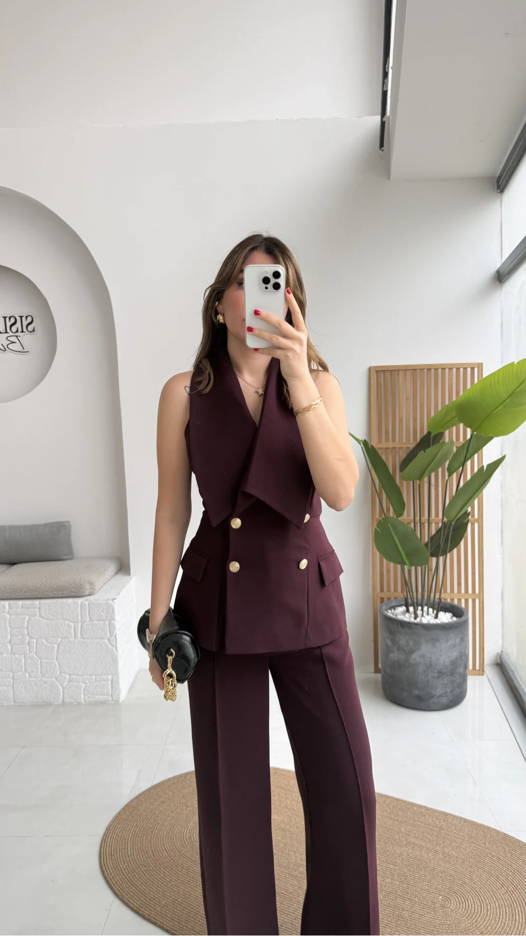 Rowena Yaka Detay Yelek-Pantolon Takım - Mürdüm - Kod: 9692