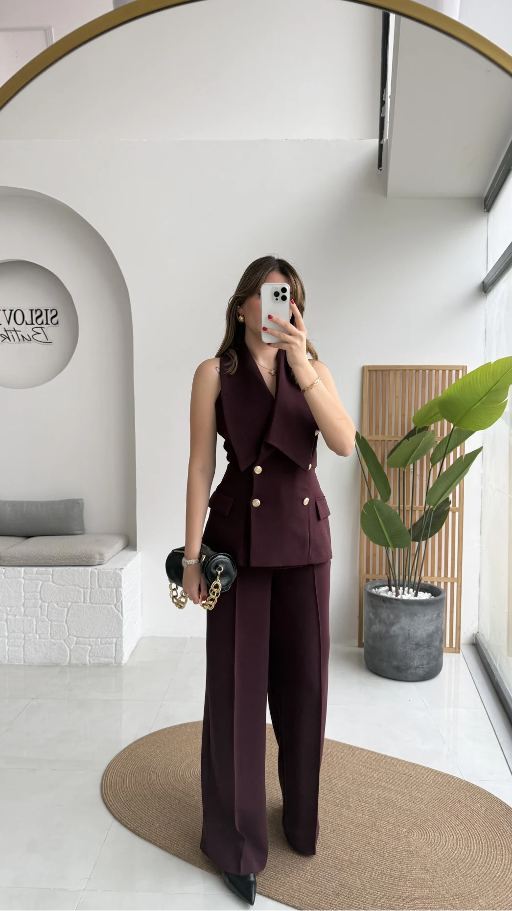 Rowena Yaka Detay Yelek-Pantolon Takım - Mürdüm - Kod: 9692