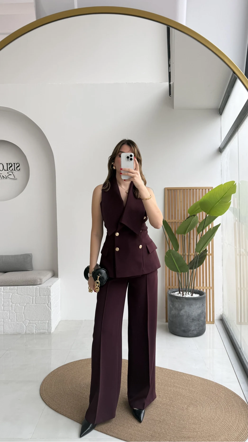 Rowena Yaka Detay Yelek-Pantolon Takım - Mürdüm - Kod: 9692