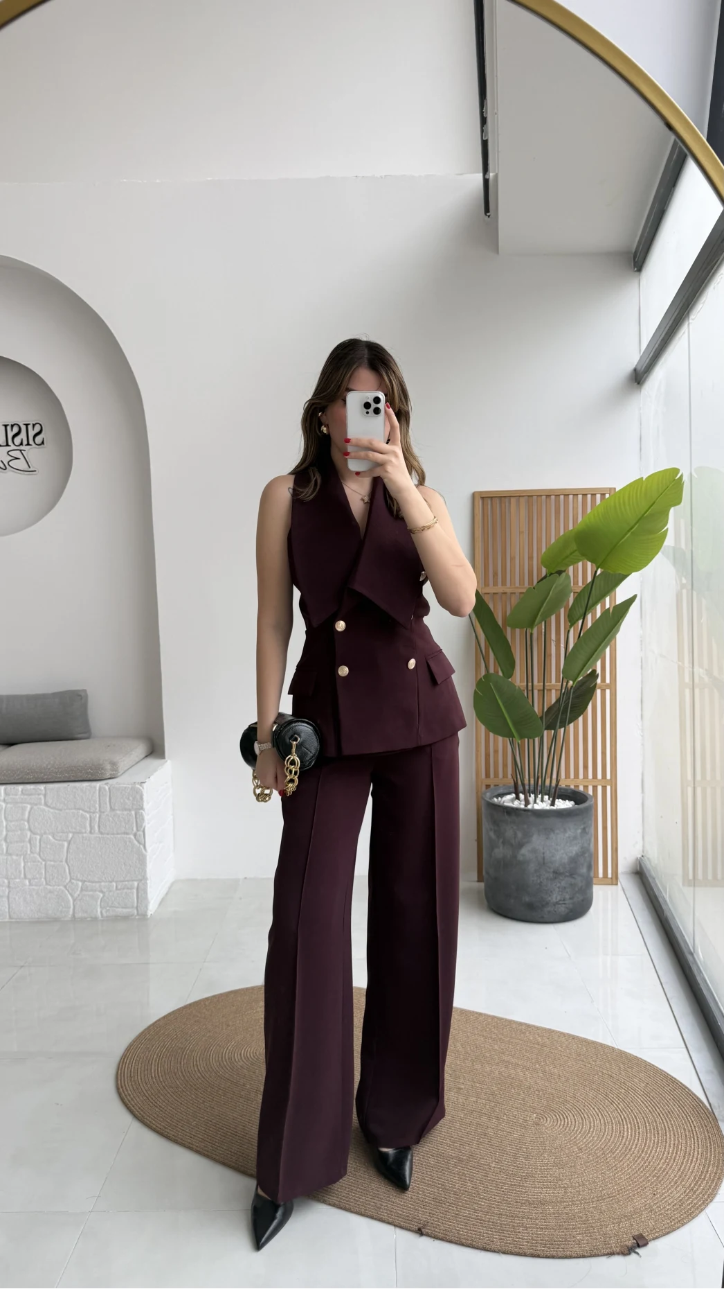 Rowena Yaka Detay Yelek-Pantolon Takım - Mürdüm - Kod: 9692