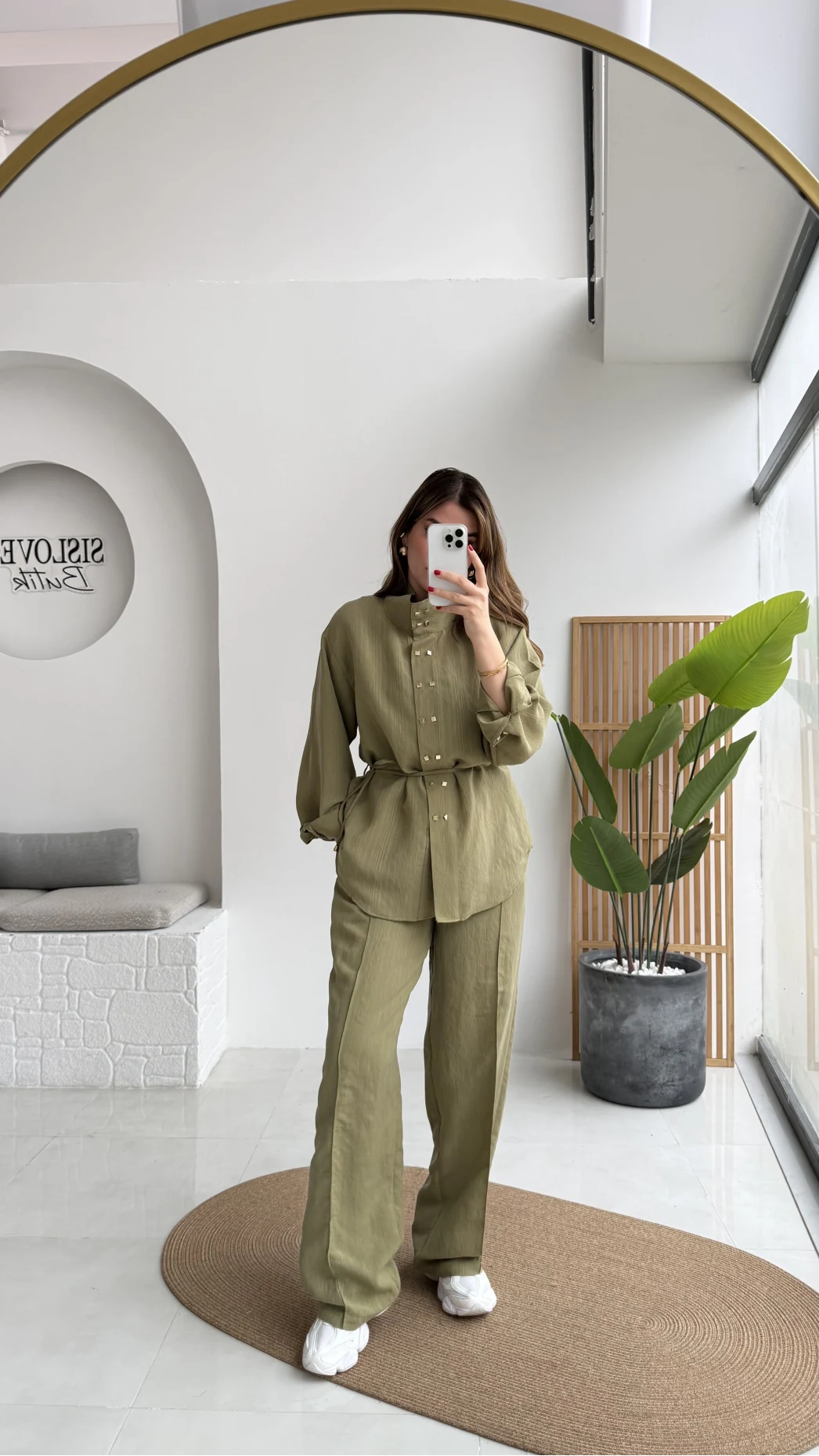 Geniş Yaka Bağcıklı Gömlek Pantolon Takım - Haki - Kod: 51298