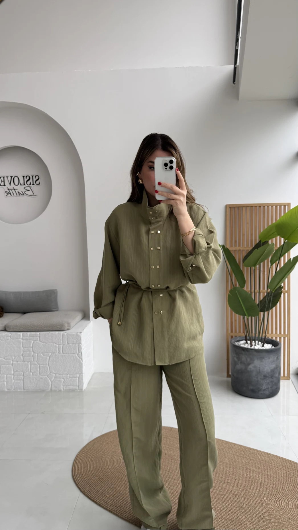 Geniş Yaka Bağcıklı Gömlek Pantolon Takım - Haki - Kod: 51298