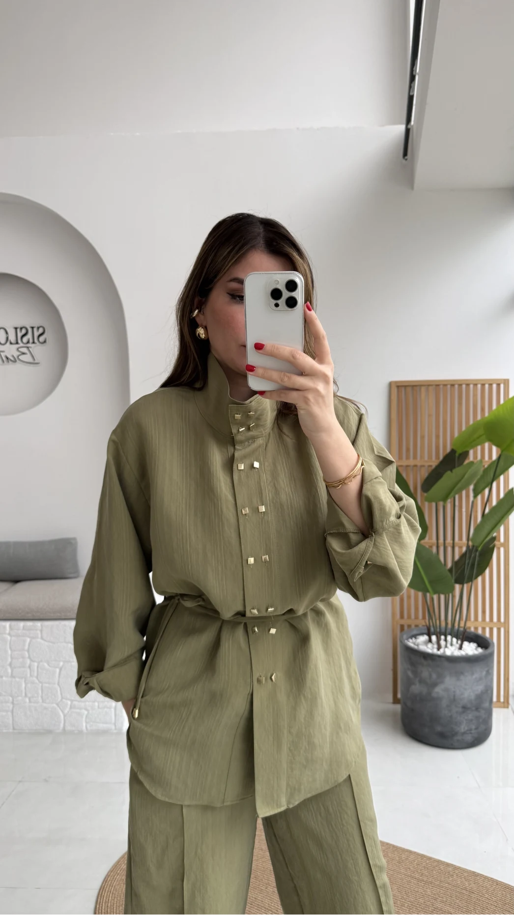 Geniş Yaka Bağcıklı Gömlek Pantolon Takım - Haki - Kod: 51298