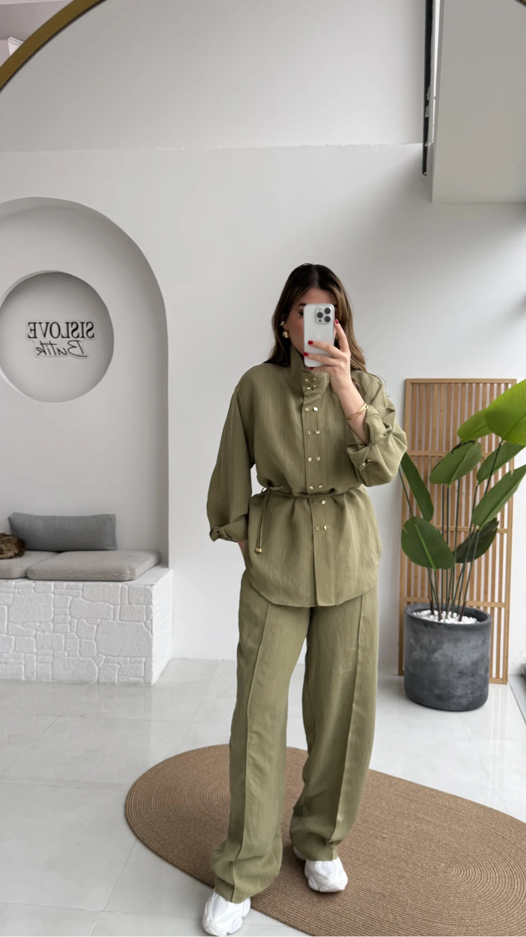 Geniş Yaka Bağcıklı Gömlek Pantolon Takım - Haki - Kod: 51298