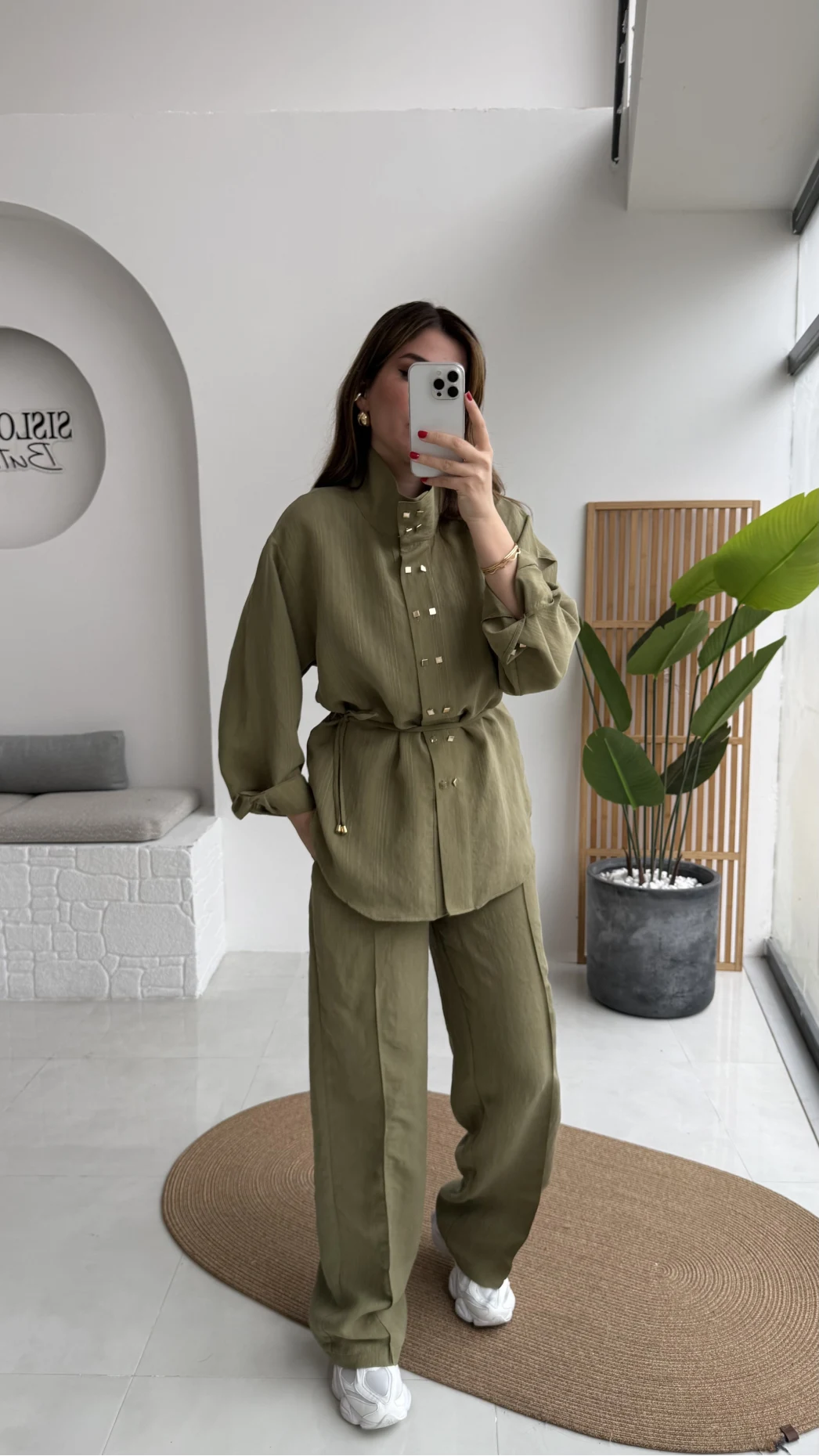 Geniş Yaka Bağcıklı Gömlek Pantolon Takım - Haki - Kod: 51298