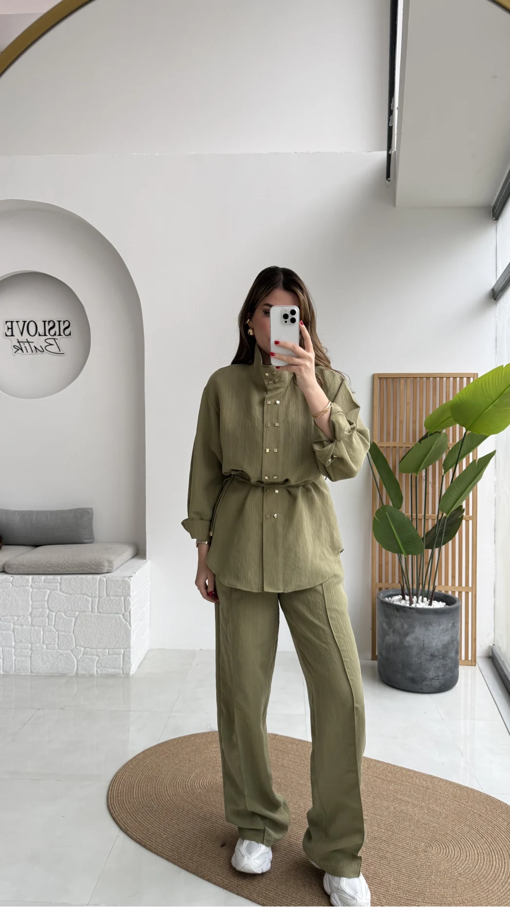 Geniş Yaka Bağcıklı Gömlek Pantolon Takım - Haki - Kod: 51298