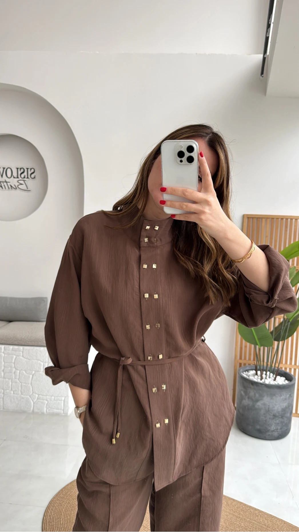 Geniş Yaka Bağcıklı Gömlek Pantolon Takım - Kahve - Kod: 51298