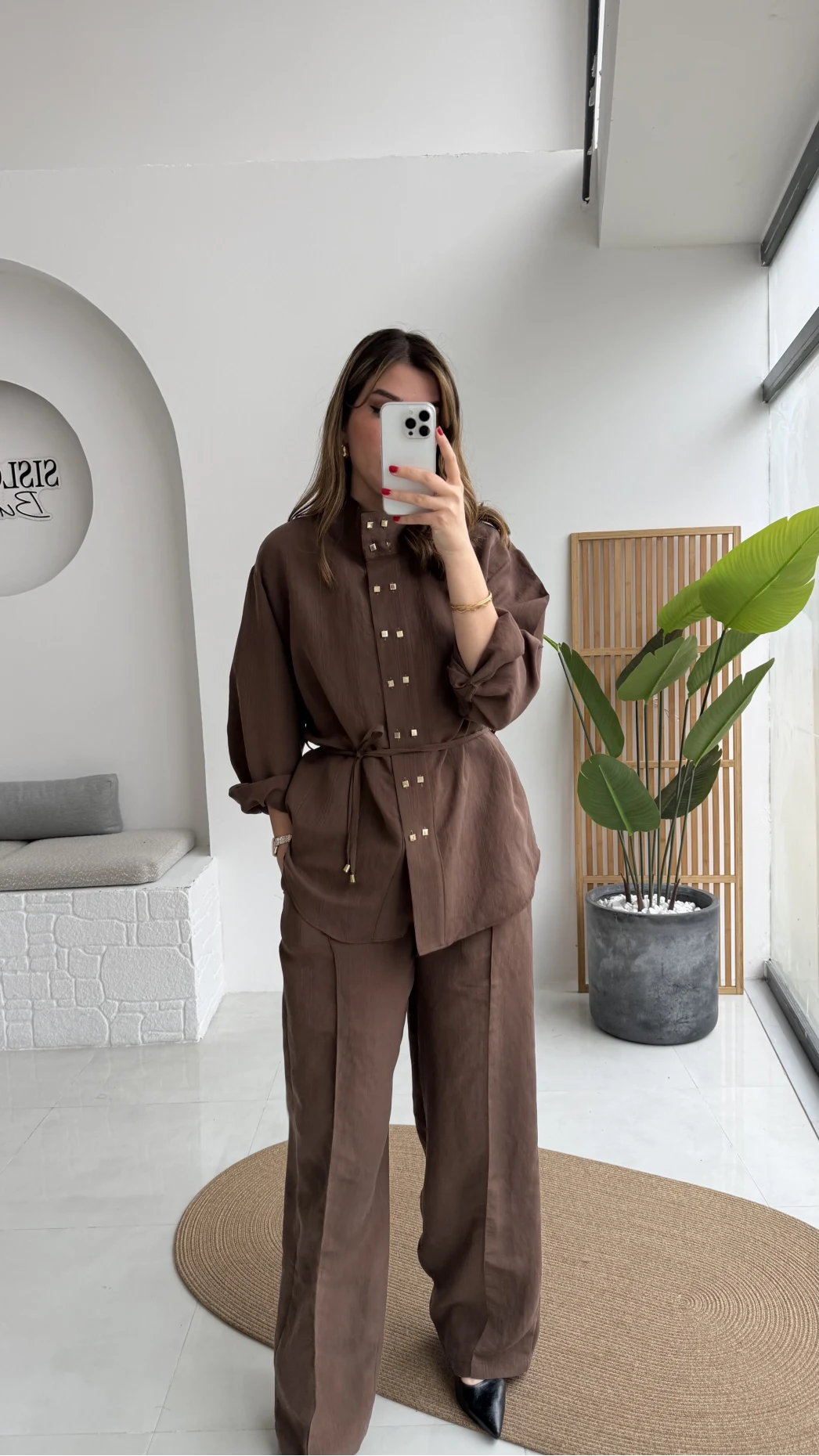 Geniş Yaka Bağcıklı Gömlek Pantolon Takım - Kahve - Kod: 51298